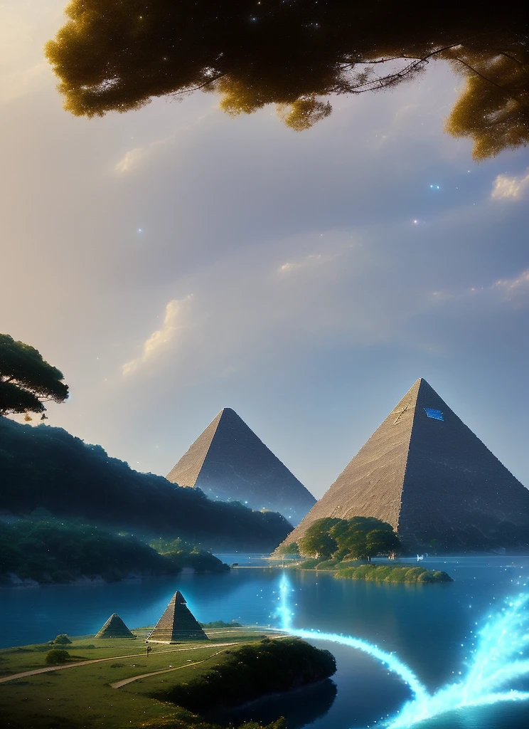 A beautiful lake by Makoto Shinkai and an intricate mystical pyramid on it by Darek Zabrocki and Roberto Aizenberg, beautiful particles, geometric, Vray, Detailed Surrealism, Another World, Astral, 4th Dimension, Monolithic Art, insert Curious Facts logo