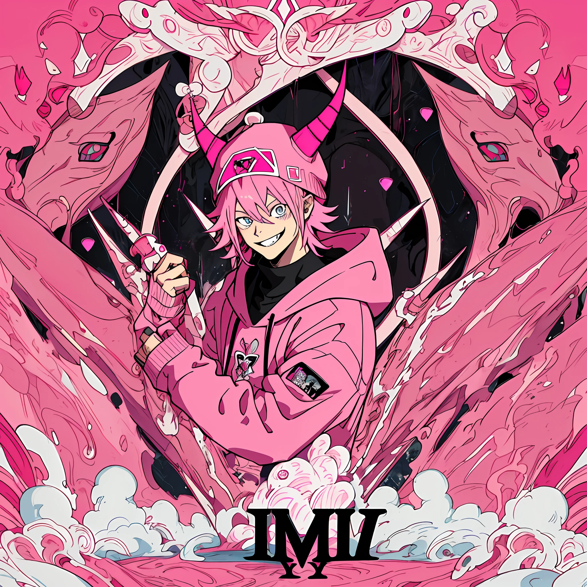 cartoon image of a man with a pink hoodie with horns, pink hat, artstyle anime, [[[Grinning evily]]]], Weirdcore voidpunk fursona, Unknown Artstyle, Bladee from Drain Gang, darksynth character portrait, crazy smile, ((Zerator)), nefarious smile, single character, full body