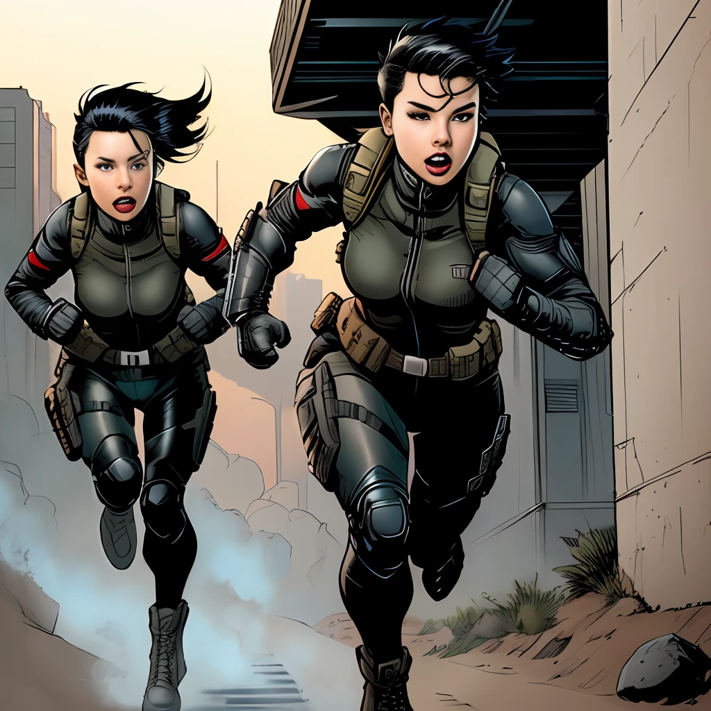 character woman, short hair, black, tactical clothing, comic style, detail-oriented, full body, running