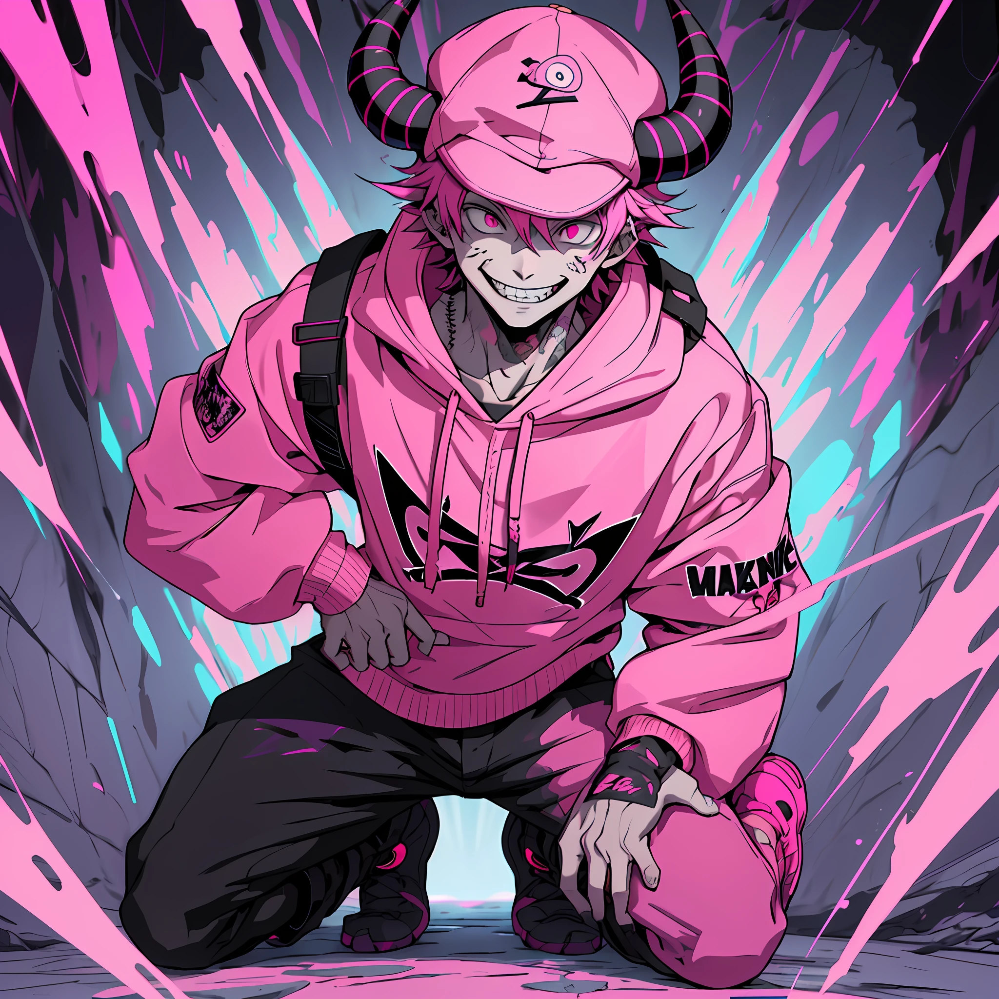 cartoon image of a man with a pink hoodie with horns, pink hat, artstyle anime, [[[Grinning evily]]]], Weirdcore voidpunk fursona, Unknown Artstyle, Bladee from Drain Gang, darksynth character portrait, crazy smile, ((Zerator)), nefarious smile, single character, full body