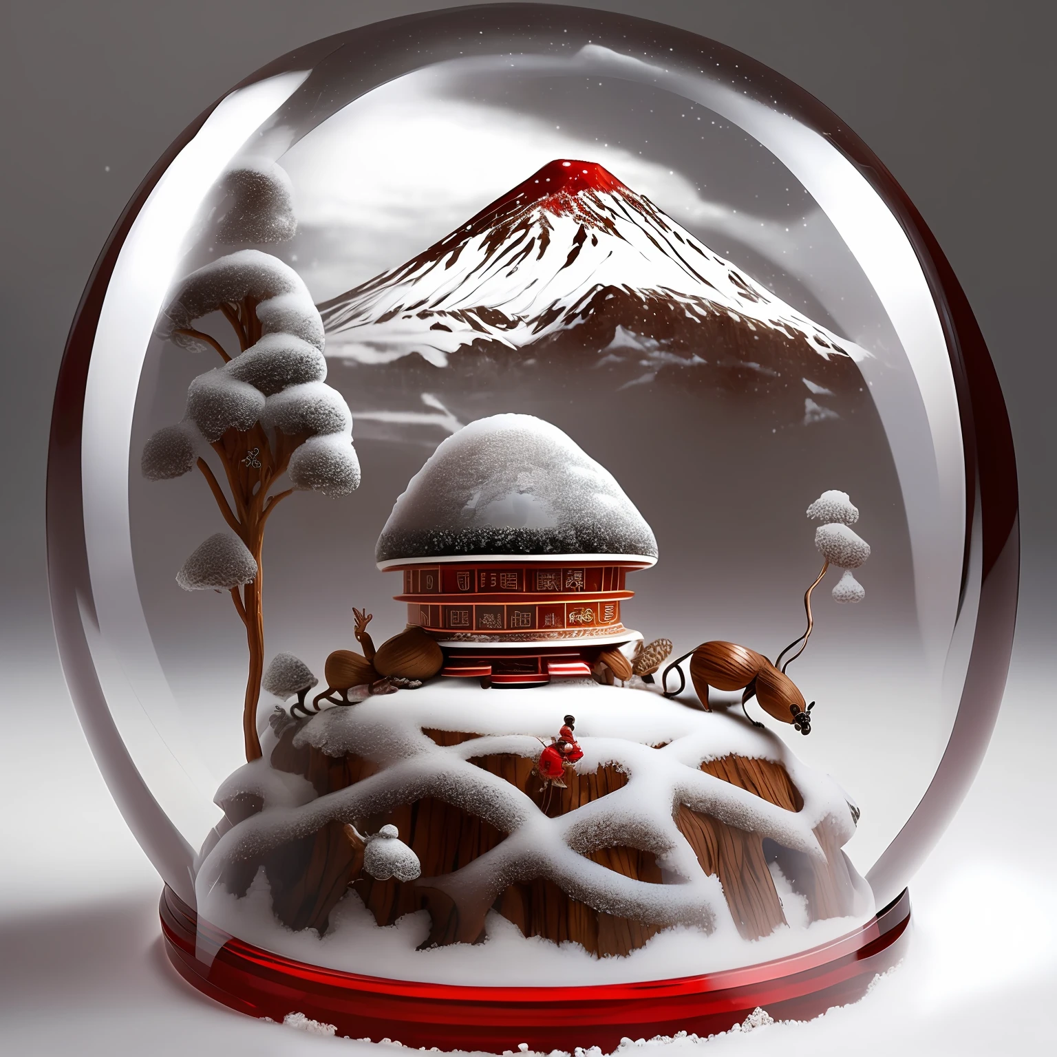 An anthill in the shape of a red snow globe with Mount Fujiyama inside and a fan