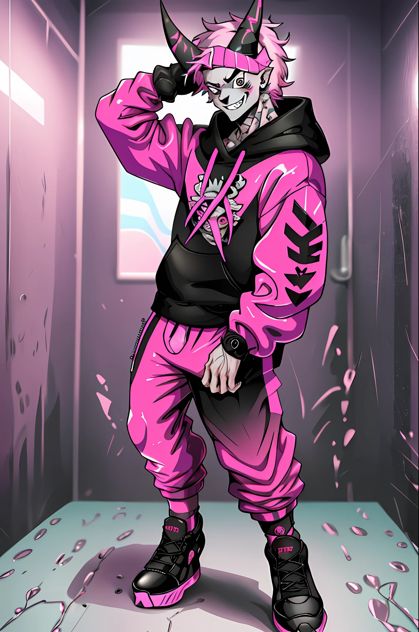 cartoon image of a man with a pink hoodie and a horned headband, pink iconic character, trigger anime artstyle, [[[[grinning evily]]]], weirdcore voidpunk fursona, unknown artstyle, bladee from drain gang, darksynth character portrait, mad grin, ((zerator)), nefarious smirk