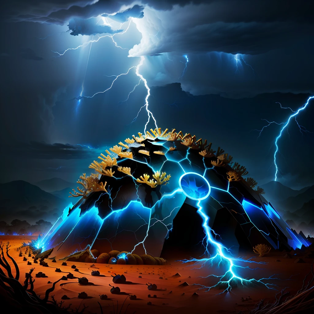 anthill surrounded by lightning and a dark transparent blue, super realistic