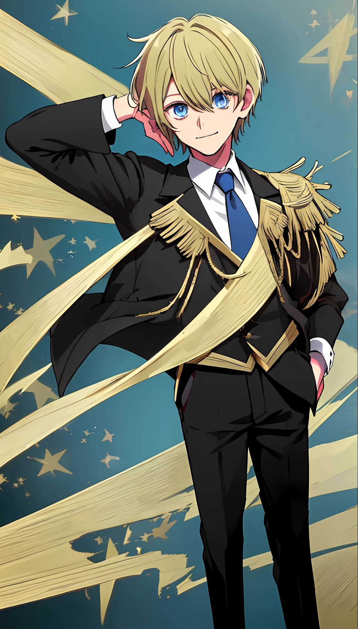 1boy, blonde hair, tall, very short hair, hair covering eye, hair over eye, right star shaped pupil, star shaped eyes, blue eyes, boy high school school uniform, hair covering left eye, bob cut hairstyle, creepy smile, blue tie,black tuxedo, spiky hair, long boy pants, boy shoes, star eyes, boy black school uniform ,black pants, black long pants, boy hair, creepy face, spiky hair, standing straight, hand on hair