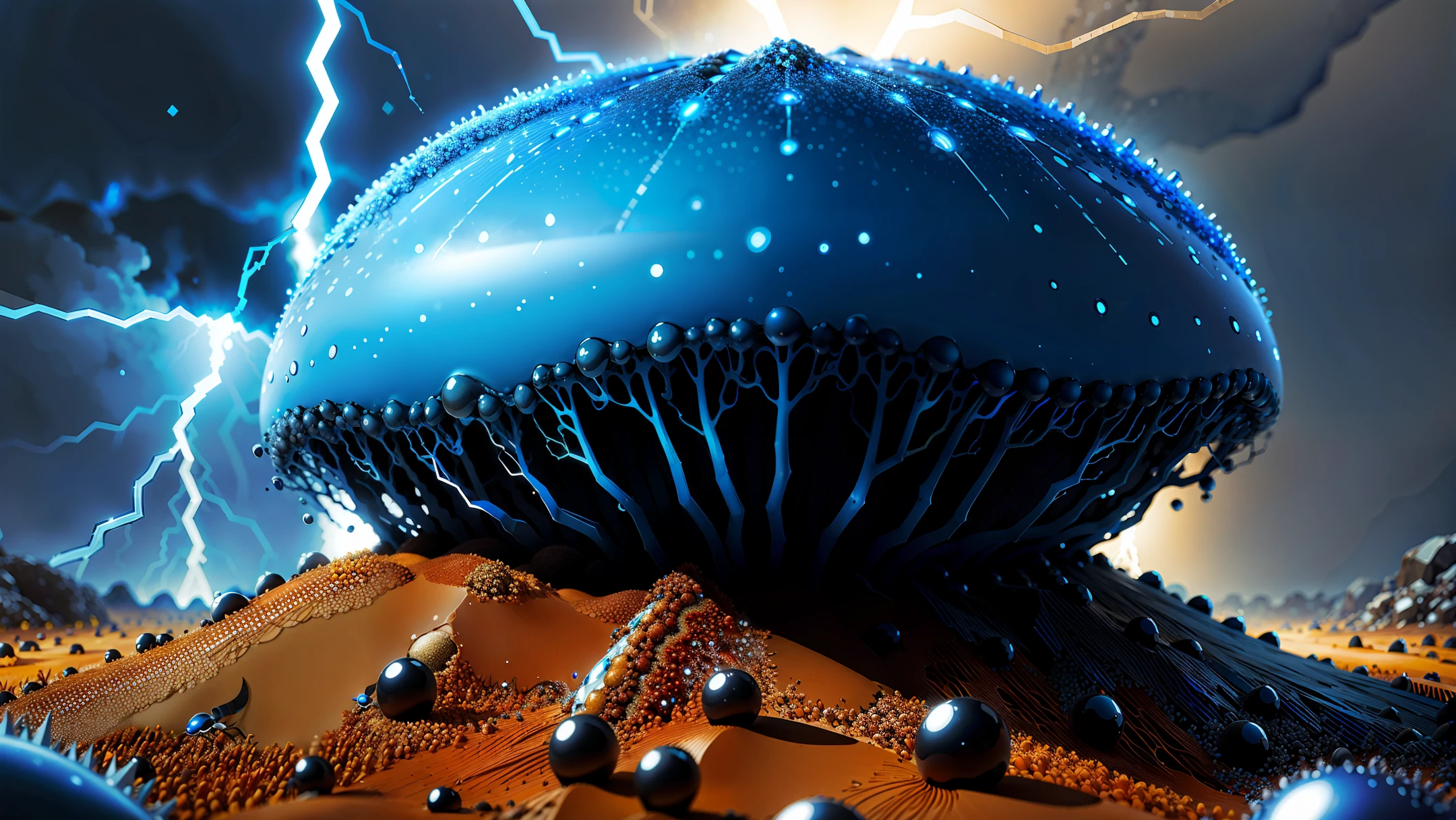 anthill surrounded by lightning and a dark transparent blue, super realistic