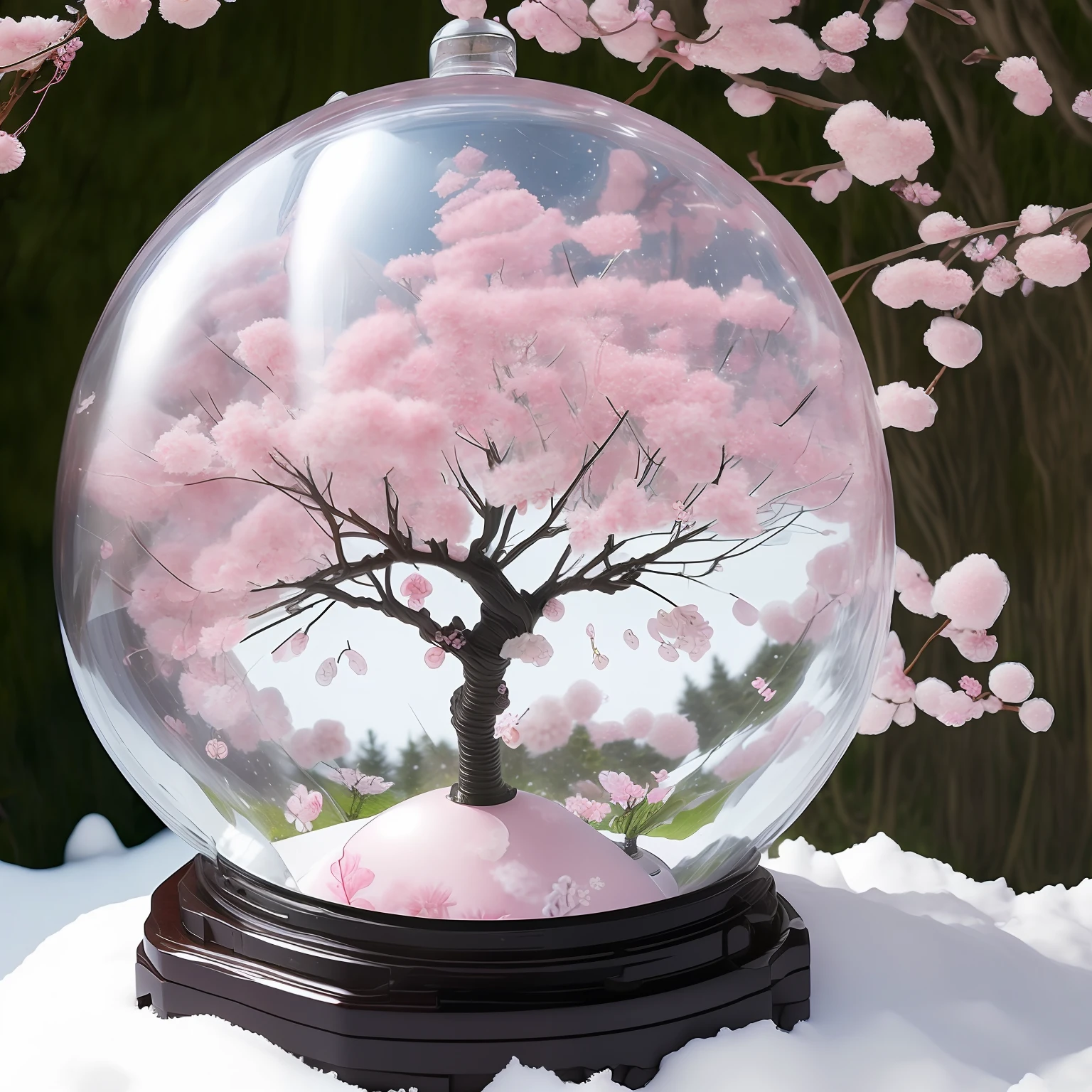 A sprawling sakura tree with pink flowers on branches inside a snow globe, thick grass grows under it, an open fan lies near the tree