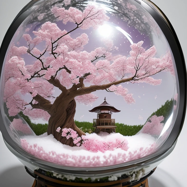 A sprawling sakura tree with pink flowers on branches inside a snow globe, thick grass grows under it, an open fan lies near the tree