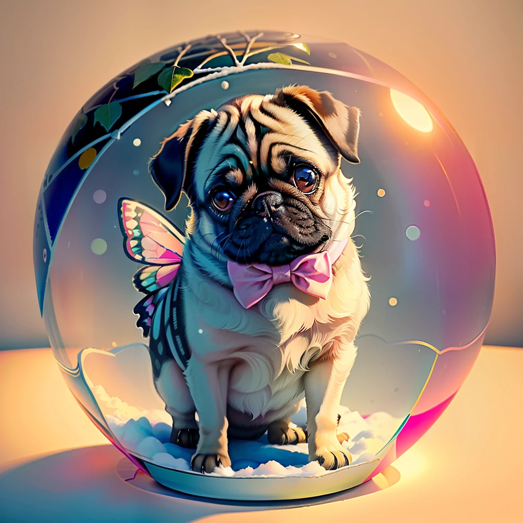 A pug puppy with a pink bow between its ears is sitting inside a snow globe in the bushes, around it is a transparent ball on which butterflies are sitting