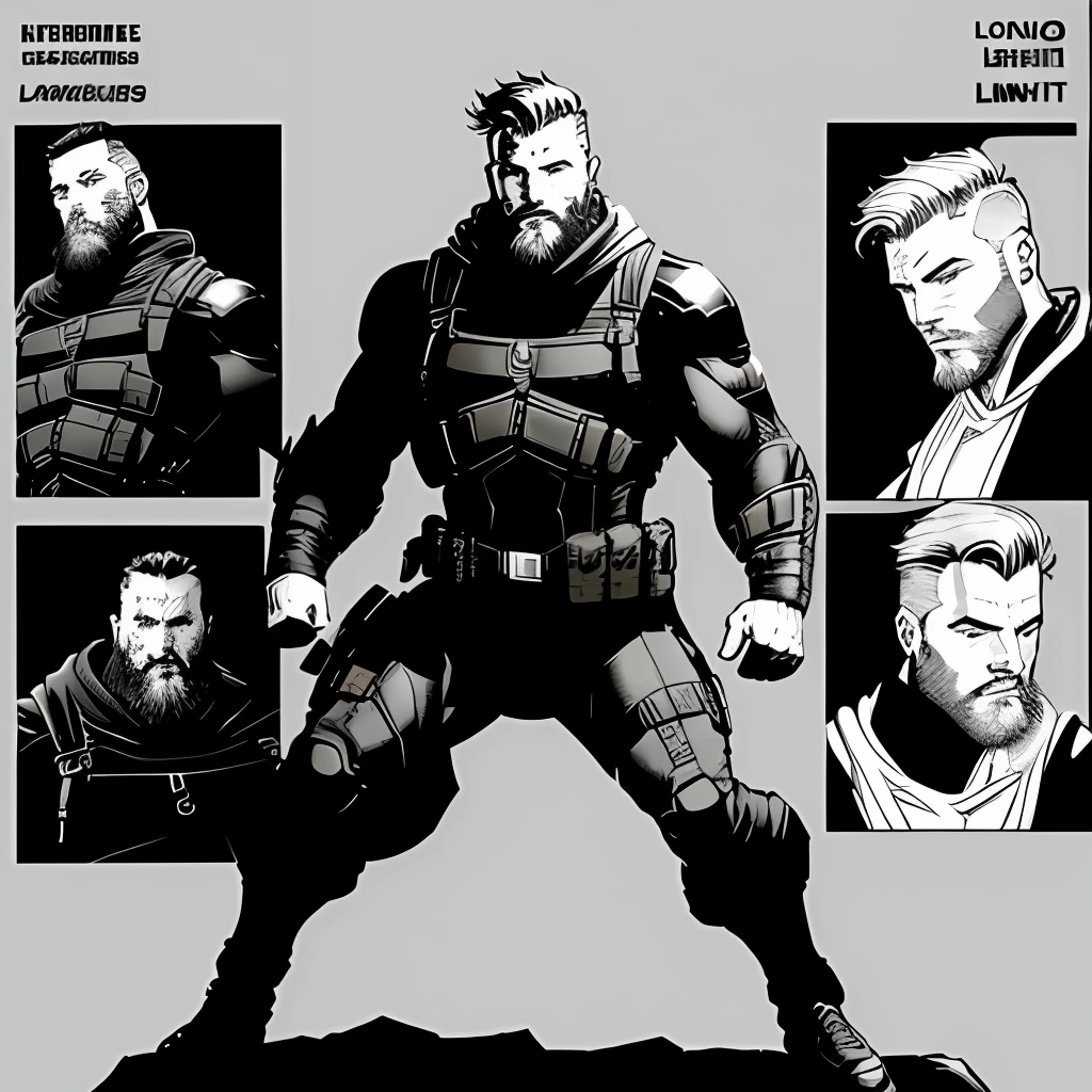 character male, 60s, short hair, white, black beard, light tactical clothing, black, comic style, detailed, full body, reference pose