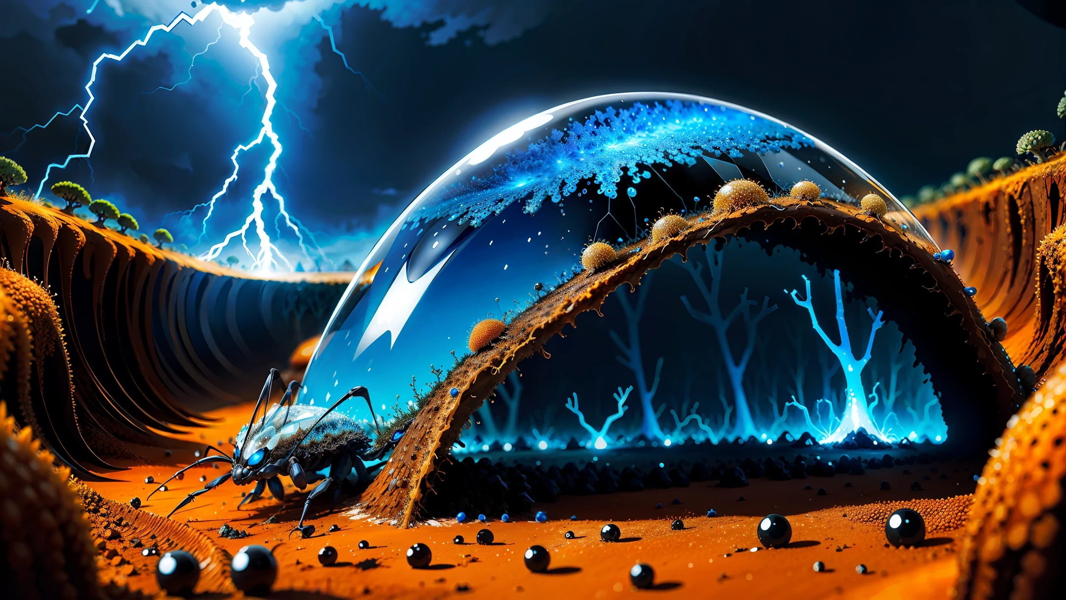 anthill surrounded by lightning and a dark transparent blue, super realistic