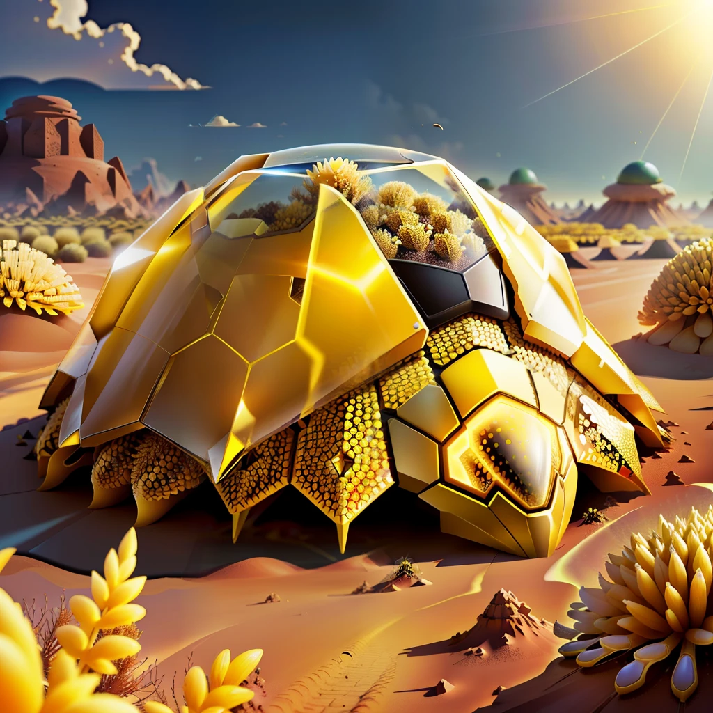 anthill surrounded by a transparent yellow ray, super realistic with shield