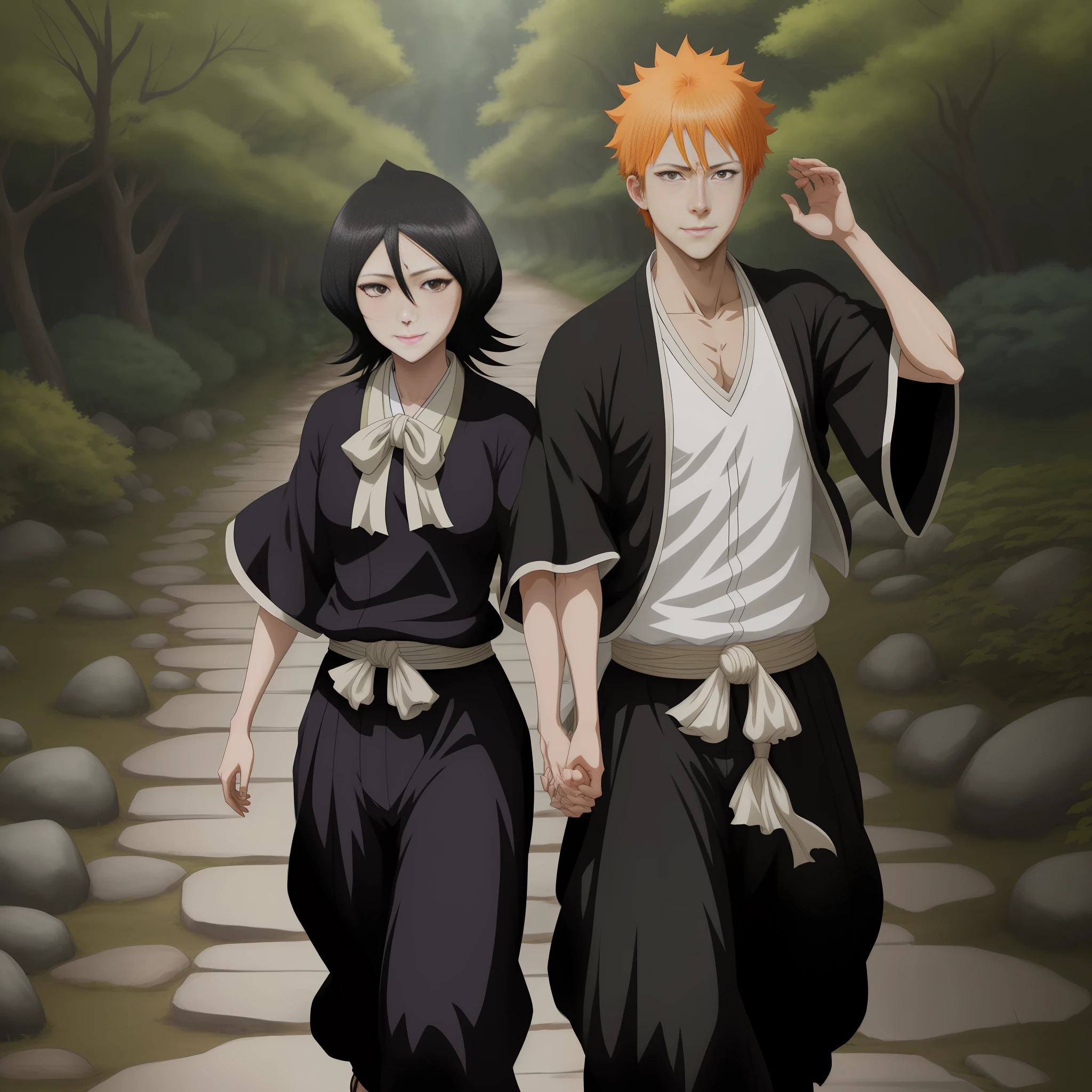 screencap anime, forest, path, 1black hair girl coming back, 1orange haired boy going, couple, short hair, black hair, purple eyes, japanese clothes, looking at viewer, black kimono, hair between eyes, cowboy shot, wide sleeves, hakama pants, white_sash, behind, closed mouth, smile, walking, looking back, Black Clover anime.