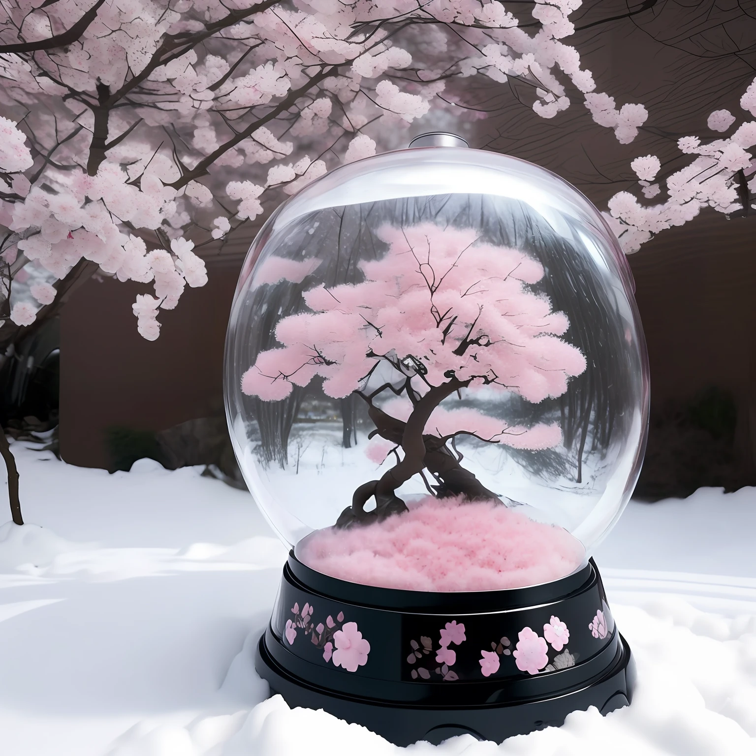 A sprawling sakura tree with pink flowers on branches inside a snow globe, thick grass grows under it, an open fan lies near the tree