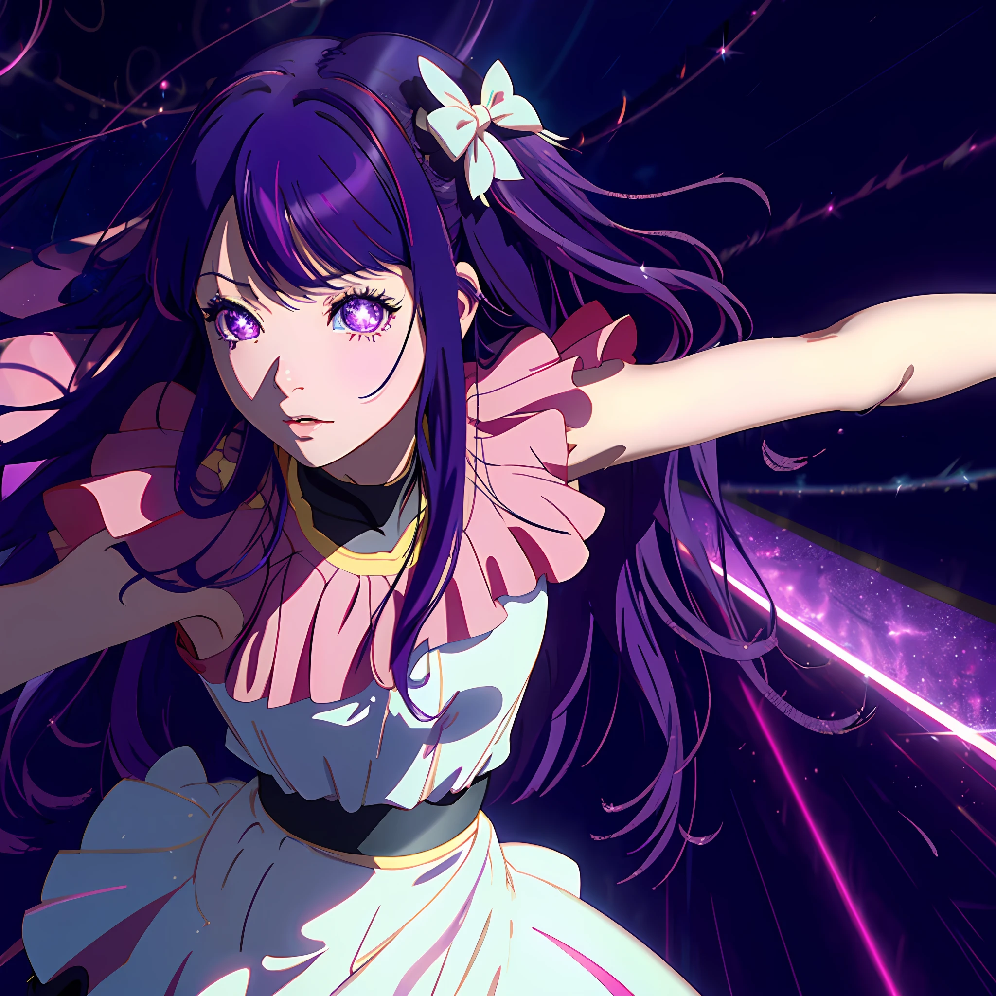 Anime character,Ai hoshino, beautiful, wearing an idol dress,purple hair, sparkling eyes,concert,dance pose,close up shot,8k,64k, HD, unparalleled masterpiece, dynamic lighting, cinematic, epic, highest quality digital art, absolutely stunning art,best digital art, wallpaper 4k