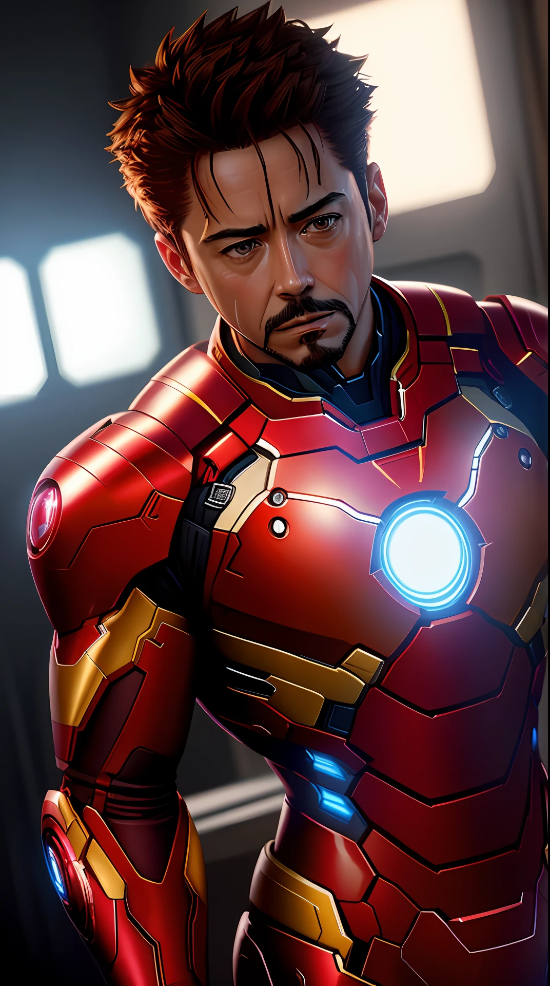 tony stark is iron man ,no helmet, photography,soft lighting, soft details, octane, artstation trending, ultra high detail, ultra realistic, cinematic,16k