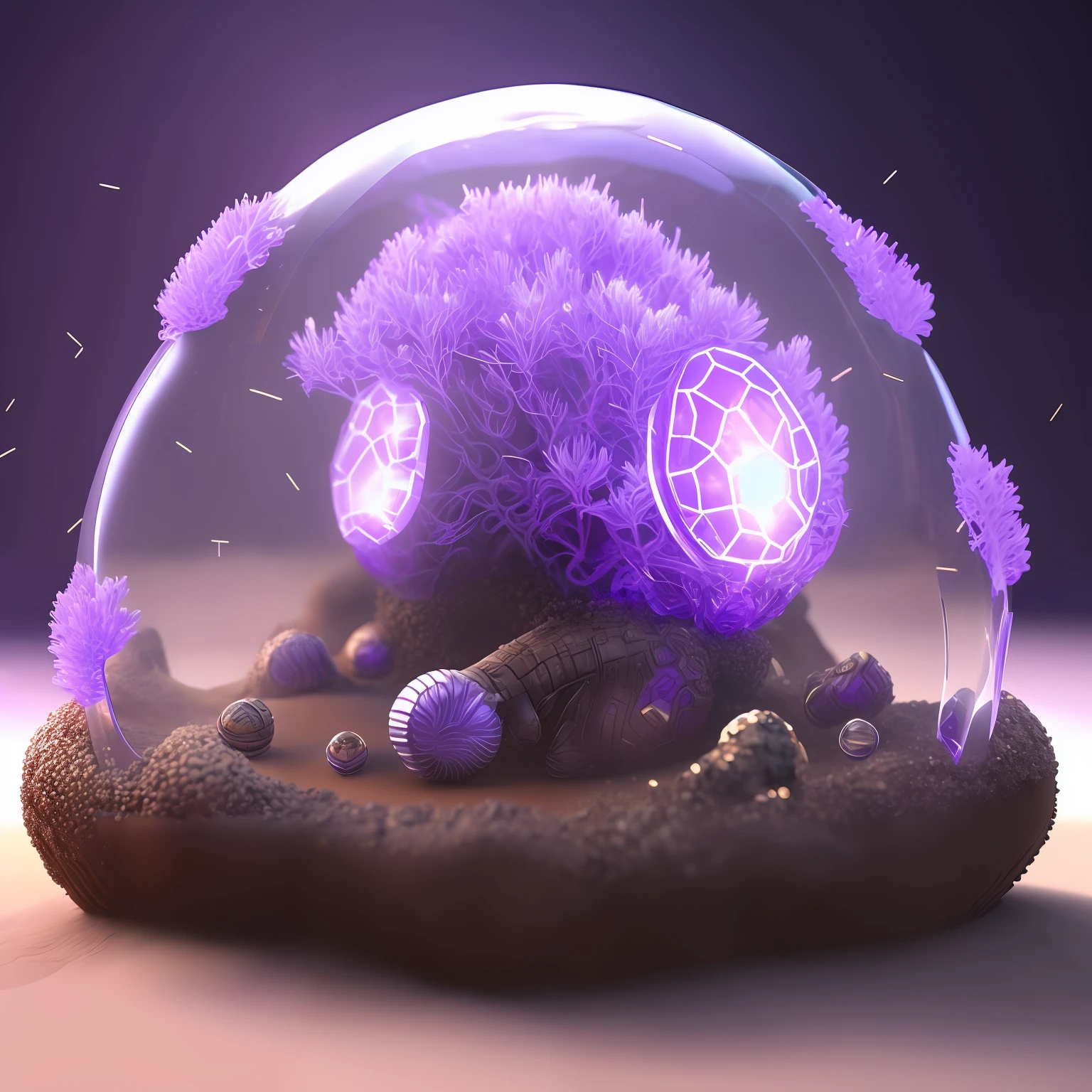 anthill surrounded by a purple ray and a transparent shield, super realistic