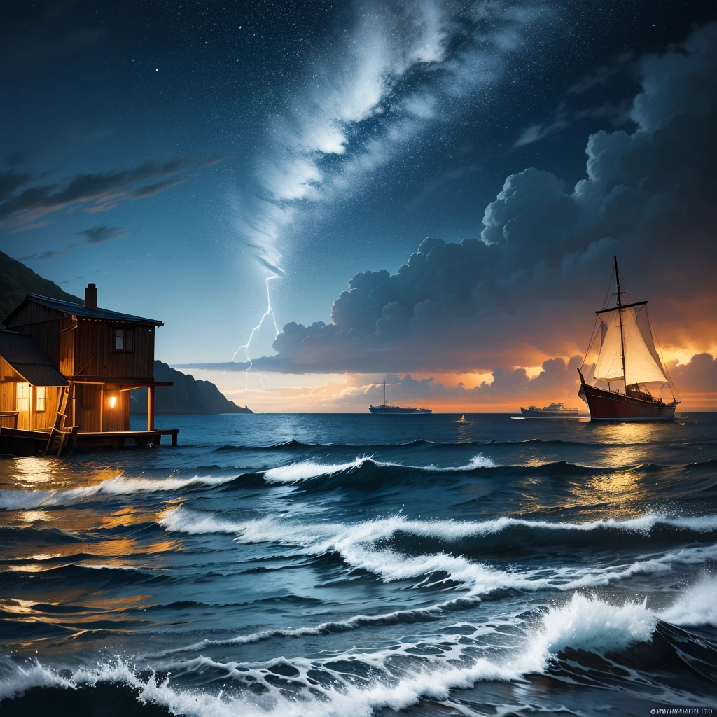 intermittent waves, lightning and thunder (water splash: 1.2), clear night scene (low light perspective: 0.1), oil painting style, first-class quality and ultra-delicate, small fishing boat without people, gentle dawn, incredible depth, Midjourney v5+Lexica