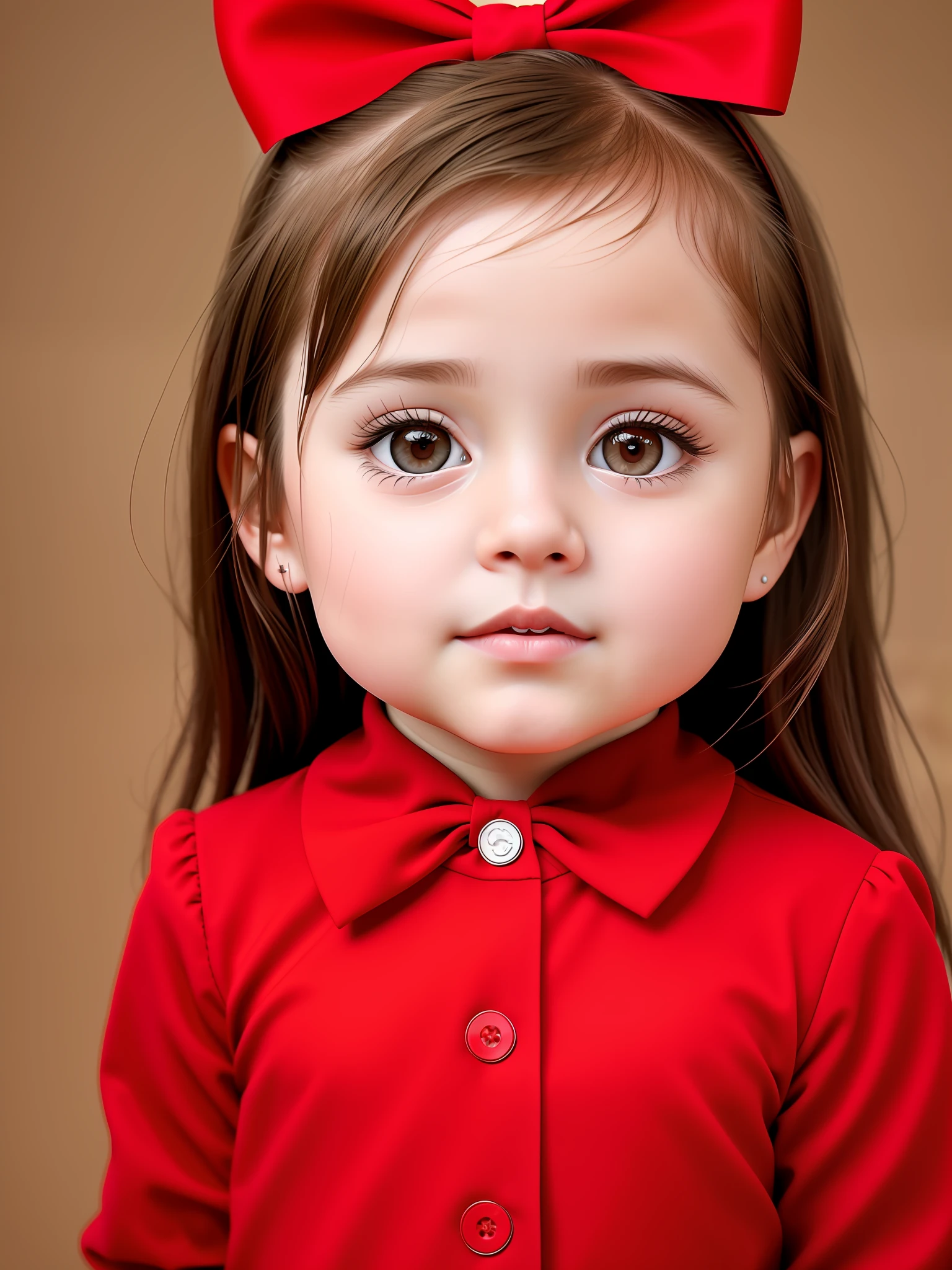 with 12 mlife, brown hair, fair skin, realistic, with long hair stuck in a red bow, light brown eyes, red dress, 8k image, realistic human skin, real child image