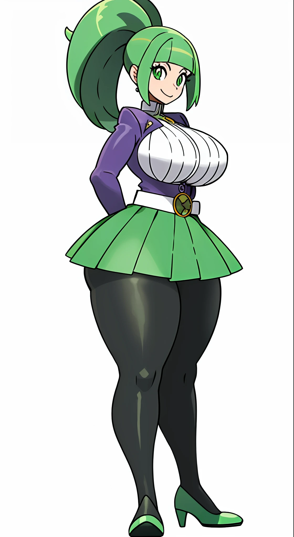 1 girl, super wide hips, super large butt, green skirt, white belt, purple jacket, long green hair, green earrings, large breasts, masterpiece, sugimori, Pokémon sugimori ken \(style\), 1girl, breasts, green eyes, mint green hair, skirt, creatures \(company\), game freak, highres, legs, large thighs, looking at viewer, nintendo, official art, pokemon, pokemon \(game\), pokemon swsh, light smile, sugimori ken, take \(illustrator\), thighs, \(creature\), tight skirt, obese ass, thicc ass, super large hips