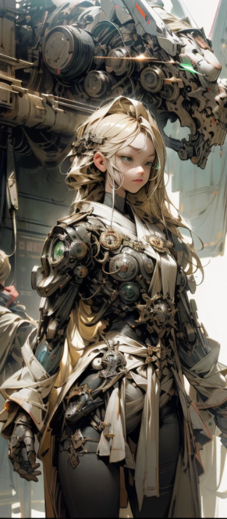 Masterpiece, Best Quality, Film, Official Art, Propaganda Art, Movie Wallpaper, Very Detailed CG Unified 4k Wallpaper, Intricate Details, White Background, Upper Body, Facial Focus, Concept Art, Production Art, ( , Highres, (realistic, photo-realistic:1.2), physically-based rendering, machinery, reflection, realistic, cyberpunk, symmetric front view close up head shot eyes symmetry face very sharp focus realistic award winning matte drawing movie light 1 boy, mecha, (Illustration: 1.1), slim, fair skin, delicate face, king robe, shine, tights, (long blonde hair), green eyes, battlefield, chip, shine, sword