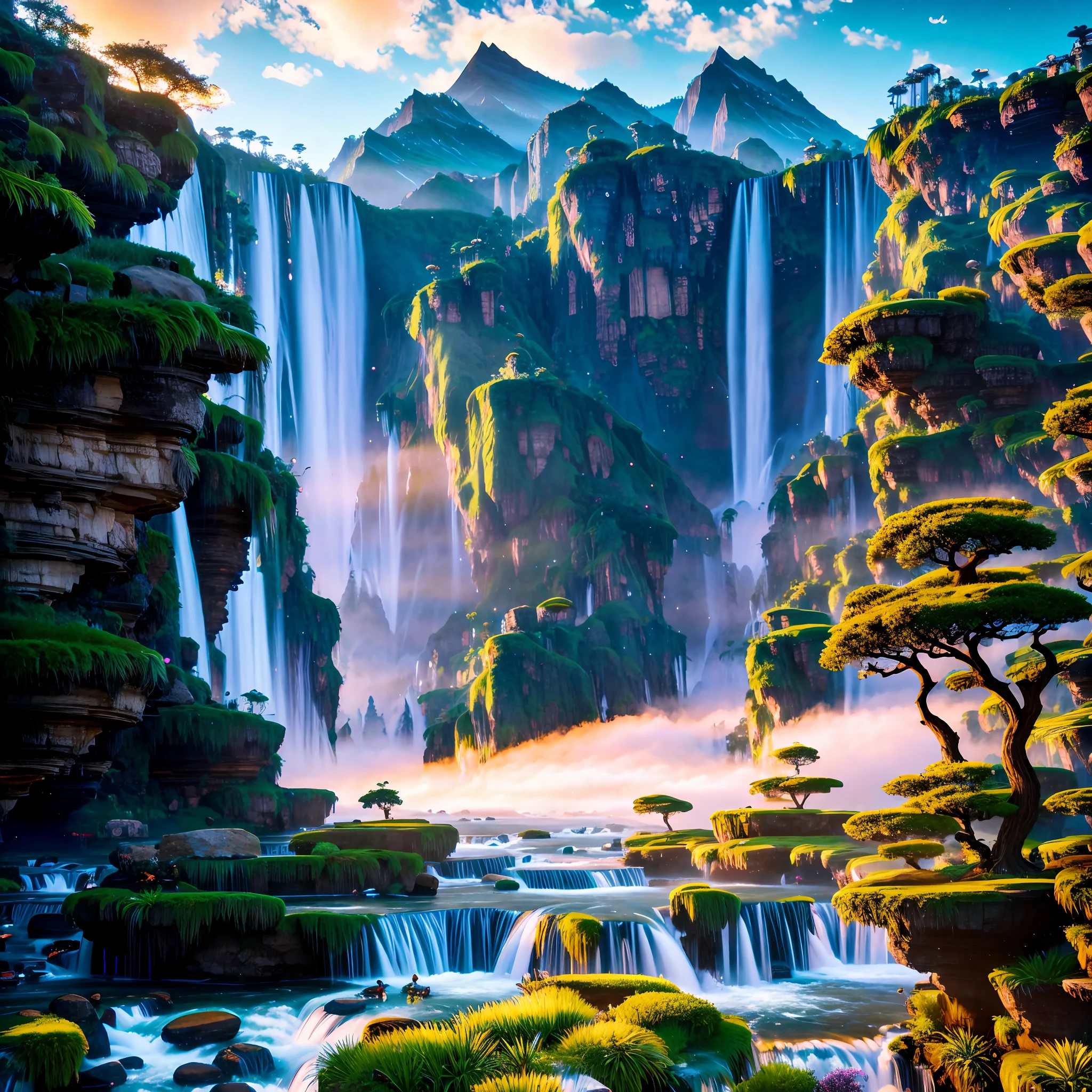 (extremely detailed CG unity 8k wallpaper, masterpiece, best quality, ultra-detailed),
(a magically immersive atmosphere, ethereal tones, entrancing), 
(floating, high resolution), 
[(dynamic angle, vibrant colors, lush vegetation, floating mountains, extraordinary creatures AND Avatar-inspired creatures),::0.8], 
[spectacular sky with exotic clouds, mystical twilight AND entrancing waterfalls]