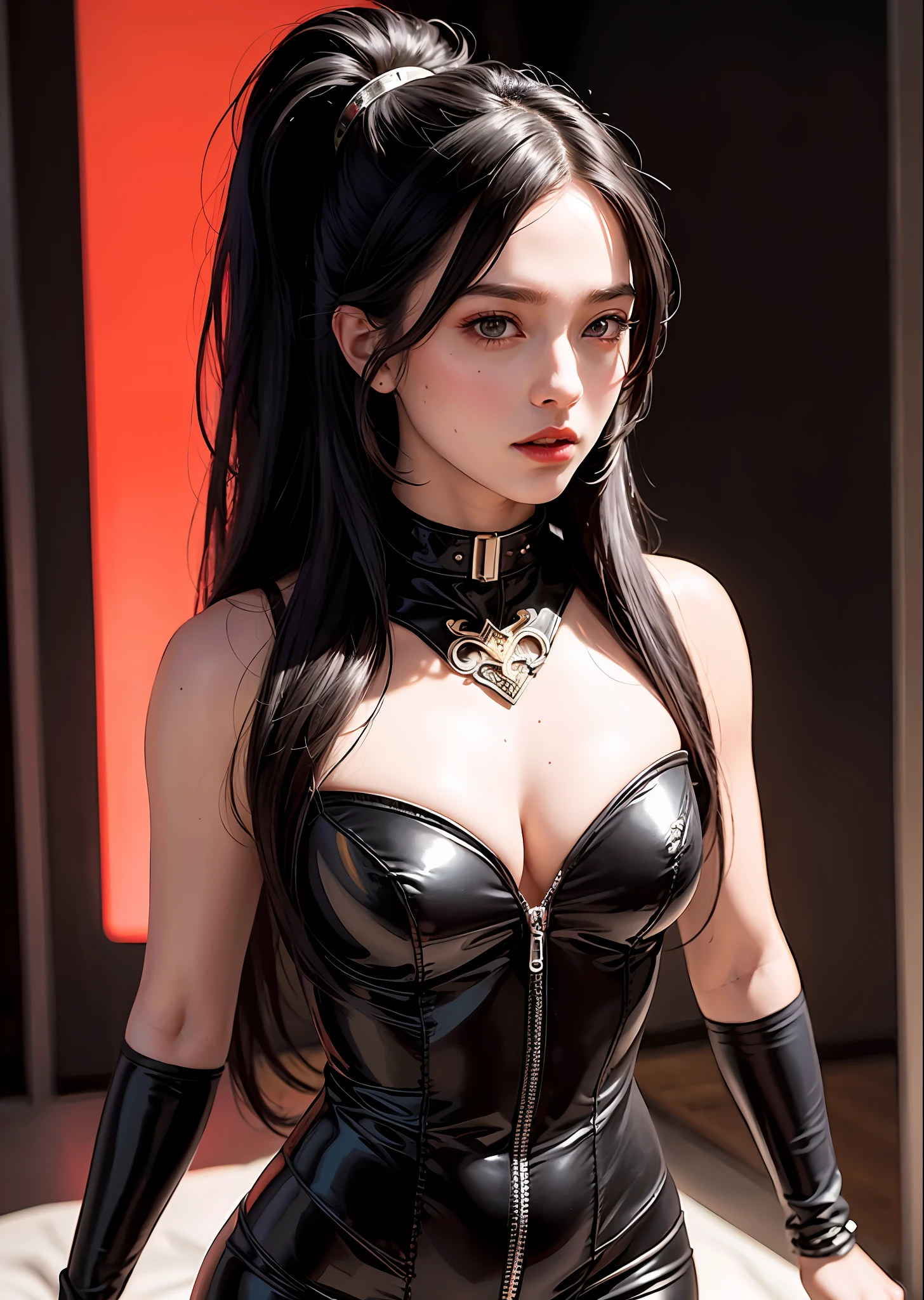 8k, realistic, attractive, very detailed, a 25-year-old girl in an X-Men costume, superhero theme, long black hair, 25 years old, full body, ray traced image of Arthur Pan, trend in Artstation, digital art, psylocke, red and cinematic lights, dramatic shadows and beautiful vibrant colors The color captures the scene. Romantic art style, intricately detailed woman, intricately detailed woman, latex, thick thighs, full body, small chest, choker, black hair, ponytail,bangs