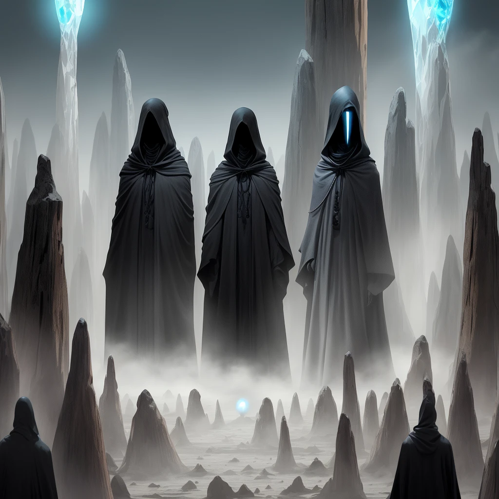 tall humanoid eyeless beings with black marks going from their orbitals to the bottom of their mandible, wearing long cloaks, wielding large wooden staffs with colored crystals on top, in a magic city
