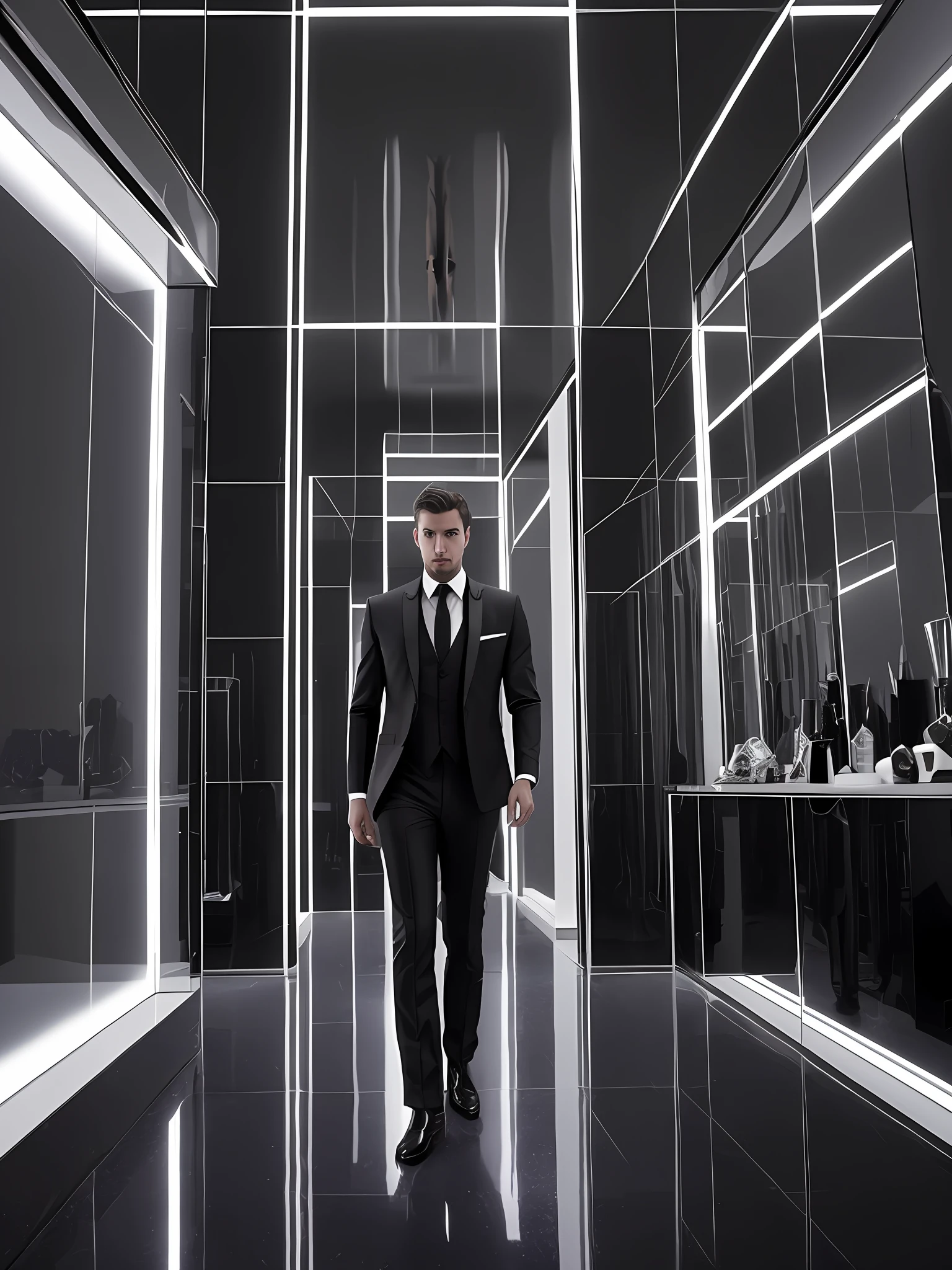 homem com traje reflections on the black metallic silver floor, mirrored walls in the background, black lighting, cinematic, 8k, black lighting