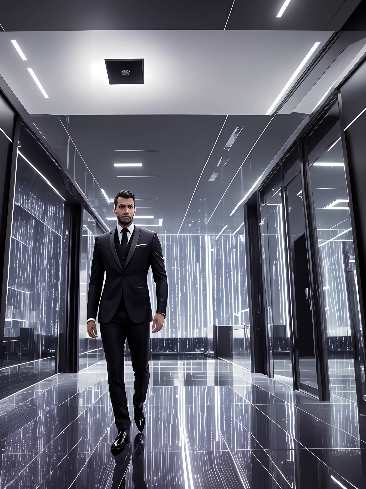 homem com traje reflections on the black metallic silver floor, mirrored walls in the background, black lighting, cinematic, 8k, black lighting