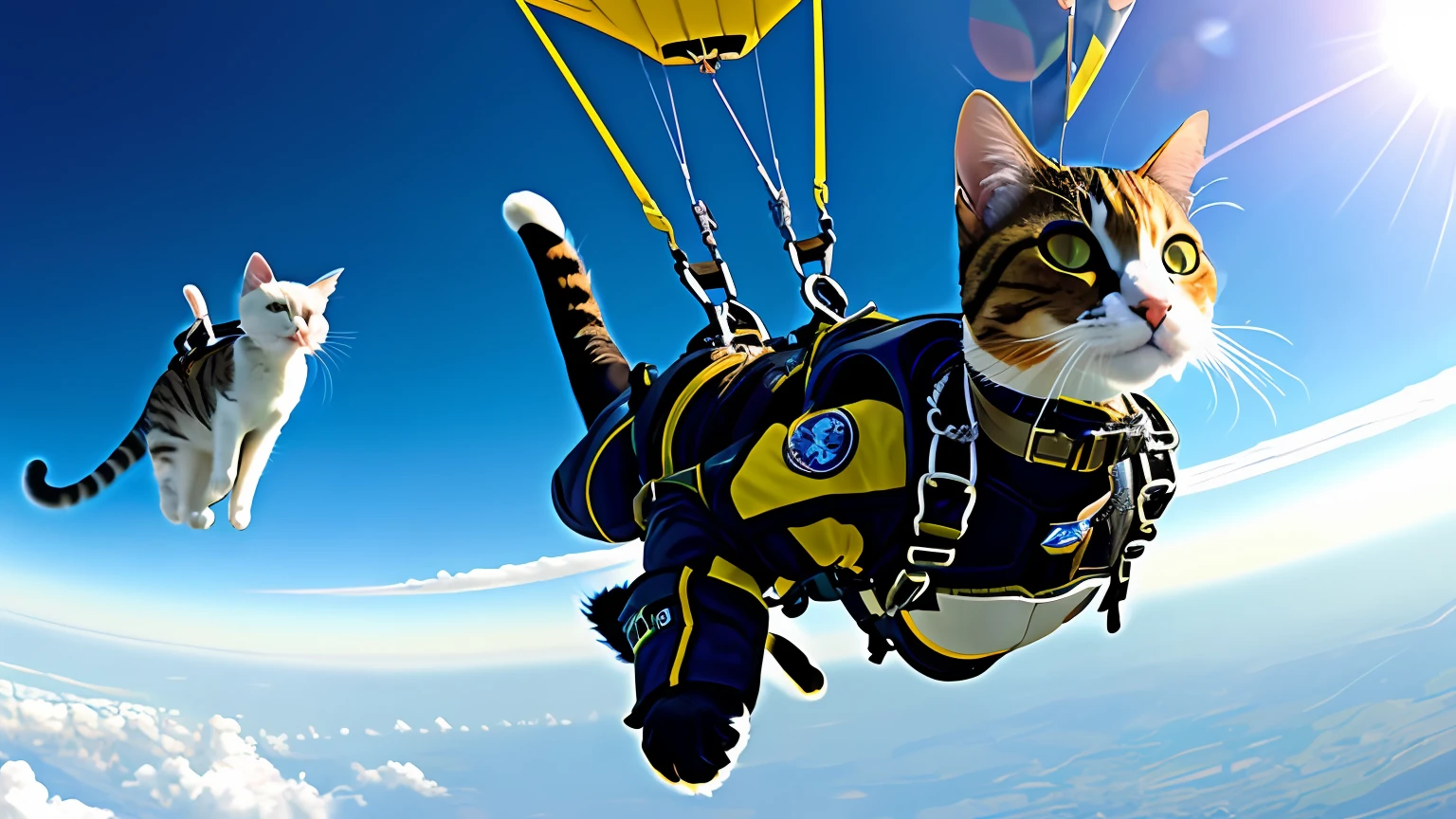 gopro footage of a group of badass cats skydiving,(((Only Cats Group))) falling style of cats, (((wear skydiving suit,Goggle))). look at a camera, soft volumetric lights,((360° full wide View,))Good anatomy animal .a group of cats that are sky diving , new cats movie, apex legends, cg society ), film still from  apex legends concept art, cat theme banner, still from ,( cats cats cats,) still from alitra, portrait of apex legends,painting of wild hunt in the sky.high resolution.