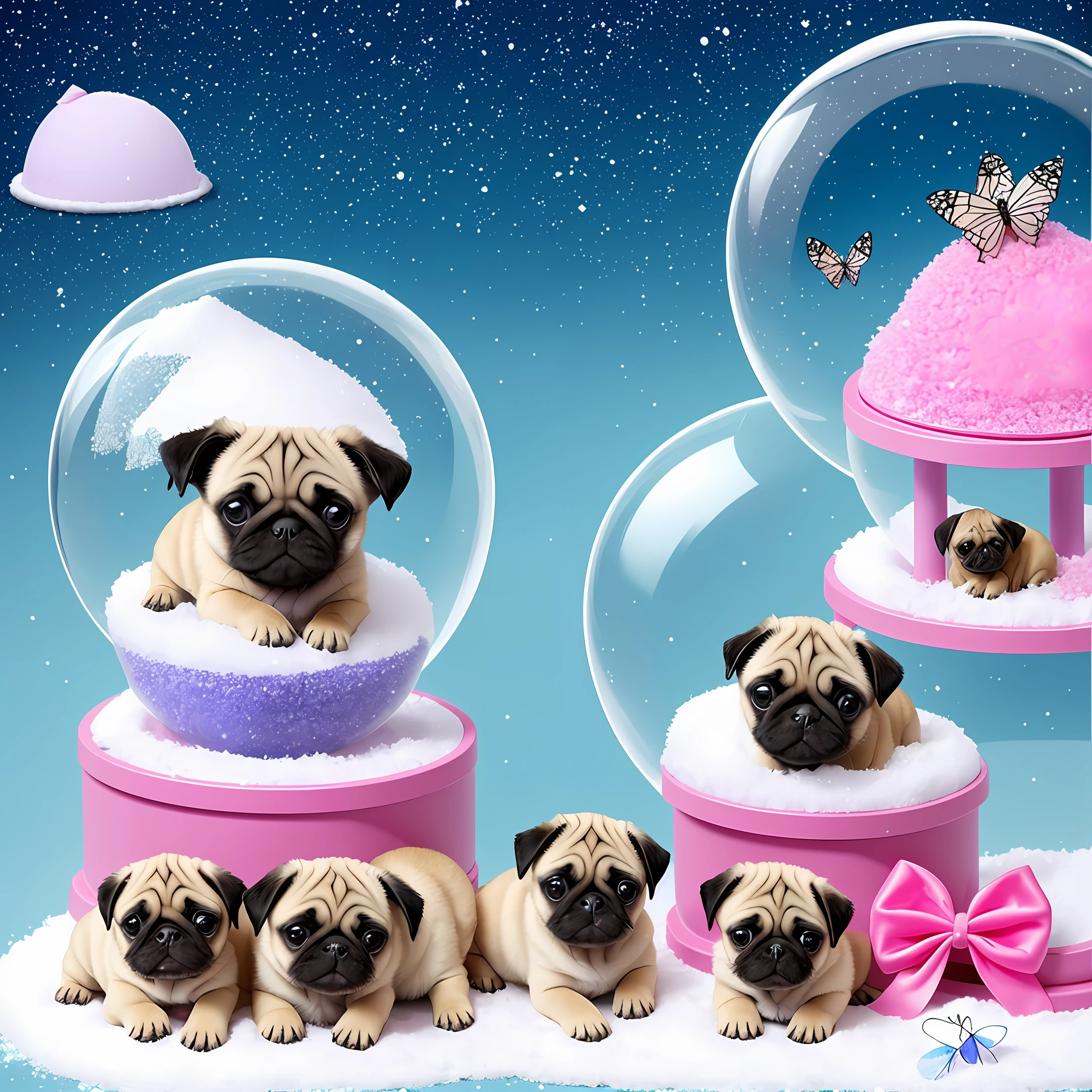 Four pug puppies with a pink bow between their ears are sitting inside a snow globe near an anthill, around it is a transparent ball on which butterflies are sitting, cartoon