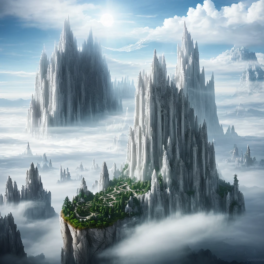 great crystal castle, surreal crystal landscape, city of clouds, translucent landscape, fog planet, floating white lands, sky nation, rainbow in the distance, wind air, white crystals, floating islands with interlocking rocks forming bridges to a translucent tower in the center, air realm, ultra-realistic, ultra-detailed, high fantasy