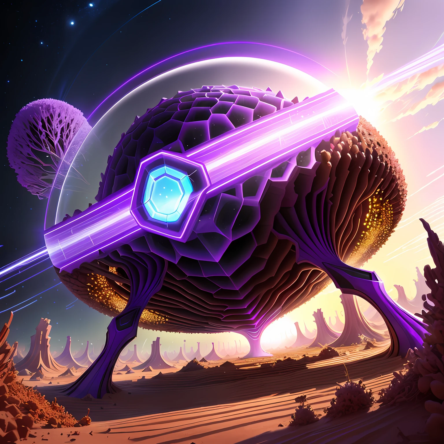 anthill surrounded by a purple ray and a transparent shield, super realistic