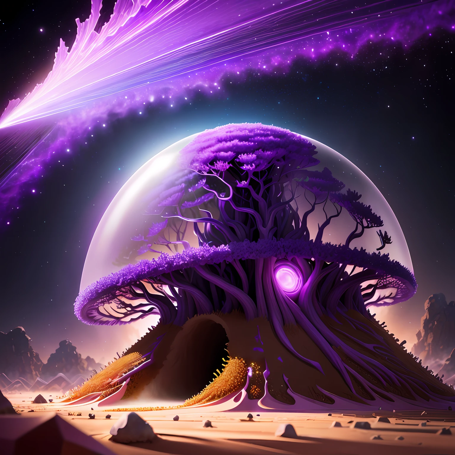 anthill surrounded by a purple ray and a transparent shield, super realistic