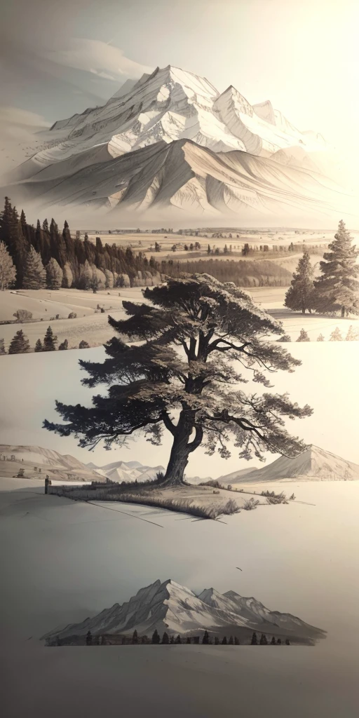 drawing of a tree in a field with a mountain in the background, a pencil sketch, fine art sketch, art sketch, old sketch, pencil sketch, artist sketch, landscape perspective, loose pencil sketch, art station landscape, scenery artwork, beginner art, professional sketch, realistic sketch, sketch art, inspired by Alphonse Legros, simple drawing, faded drawing, landscape view