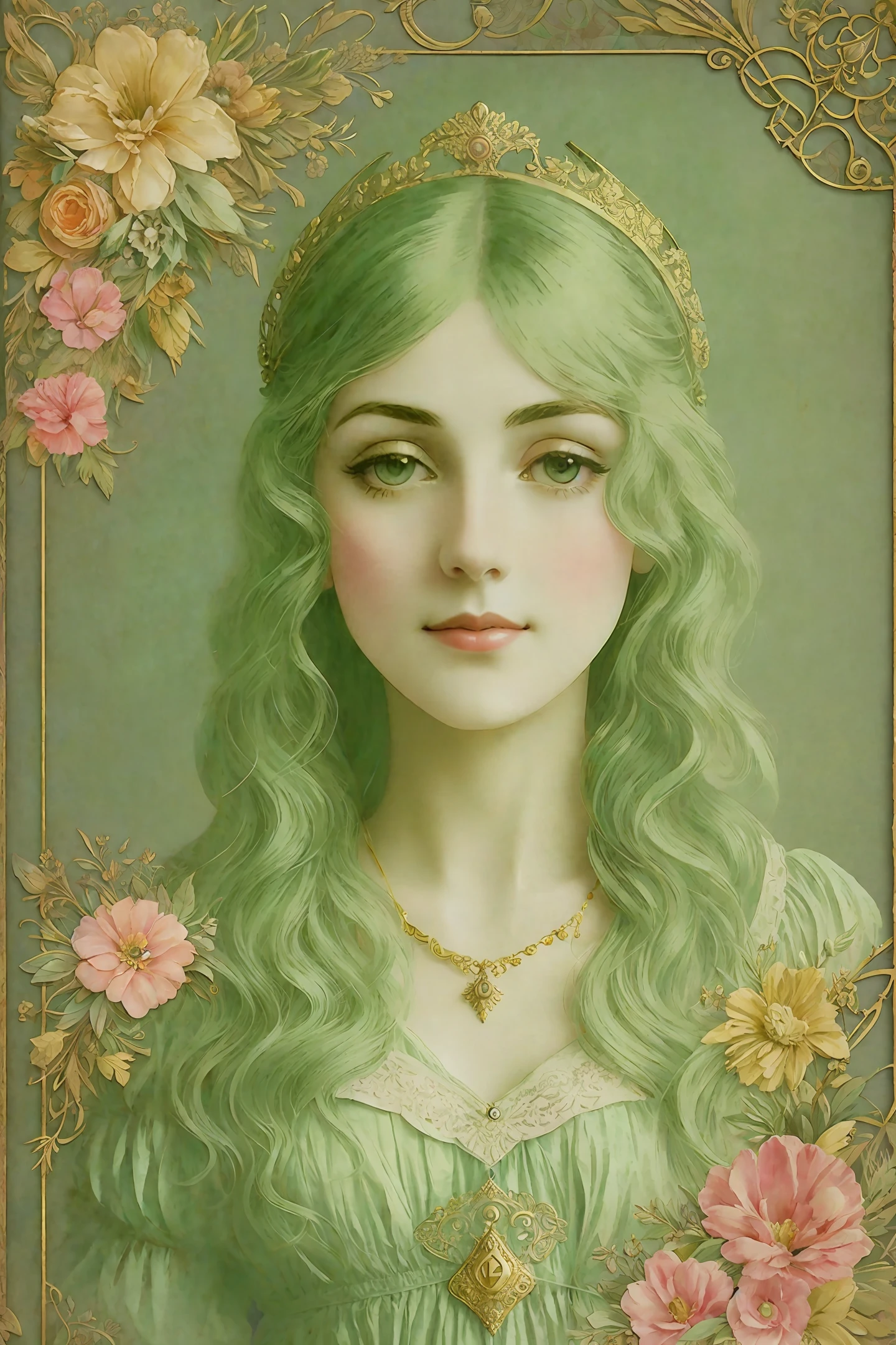 Create an ethereal la belle epoque, the gilded age,victorian mixed media inspired collage style (vintage old background), featuring flowers, a beautiful face of a victorian beauty,handwritten letters, Wax seals, crowns, and other literature-themed elements. Use a victorian watercolor-inspired painting style with olive green pastel colors, shinig Gold lines and distressed textures, and ornate details that evoke a sense of nostalgia and timeless elegance. 2d