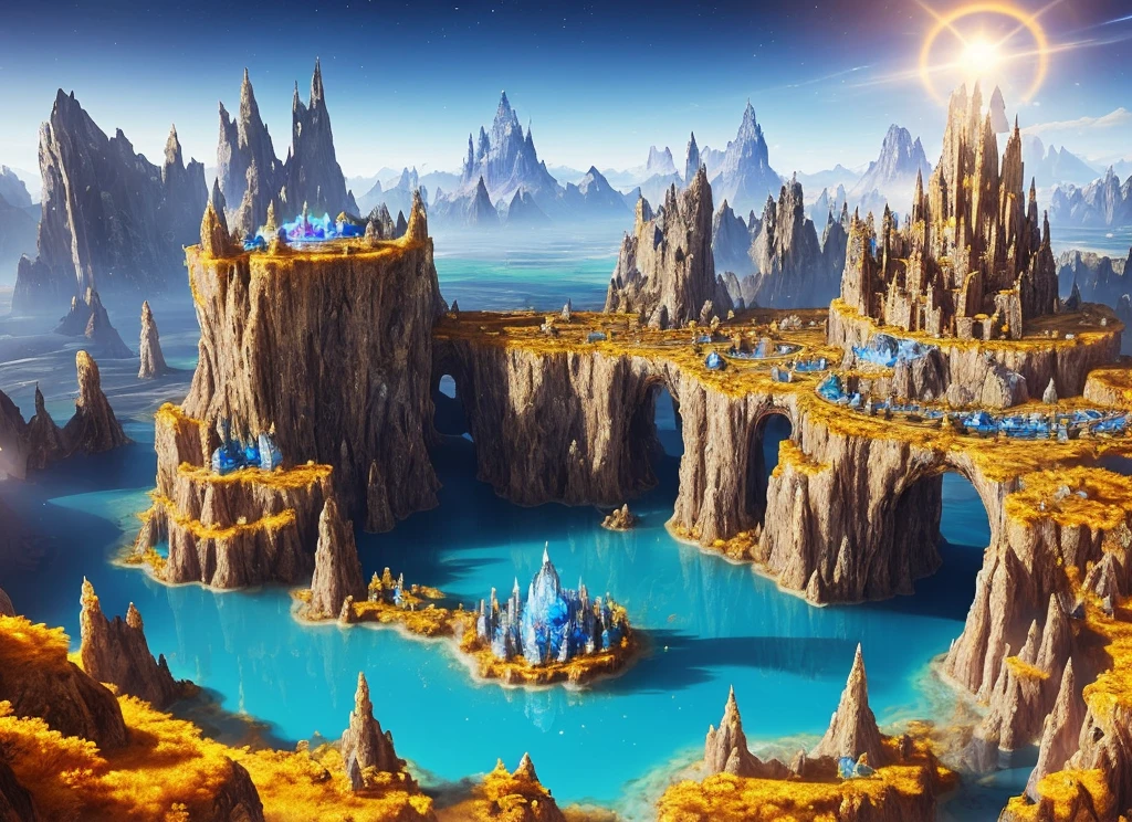 large amber castle, surreal cave landscape, amber city, earth landscape, planet of ores, underground crystals, earths, mine, rays of the sun in the distance, blue ice, mineral lake with interlocking rocks forming bridges to a golden tower in the center, earth kingdom, ultra-realistic, ultra-detailed, high fantasy