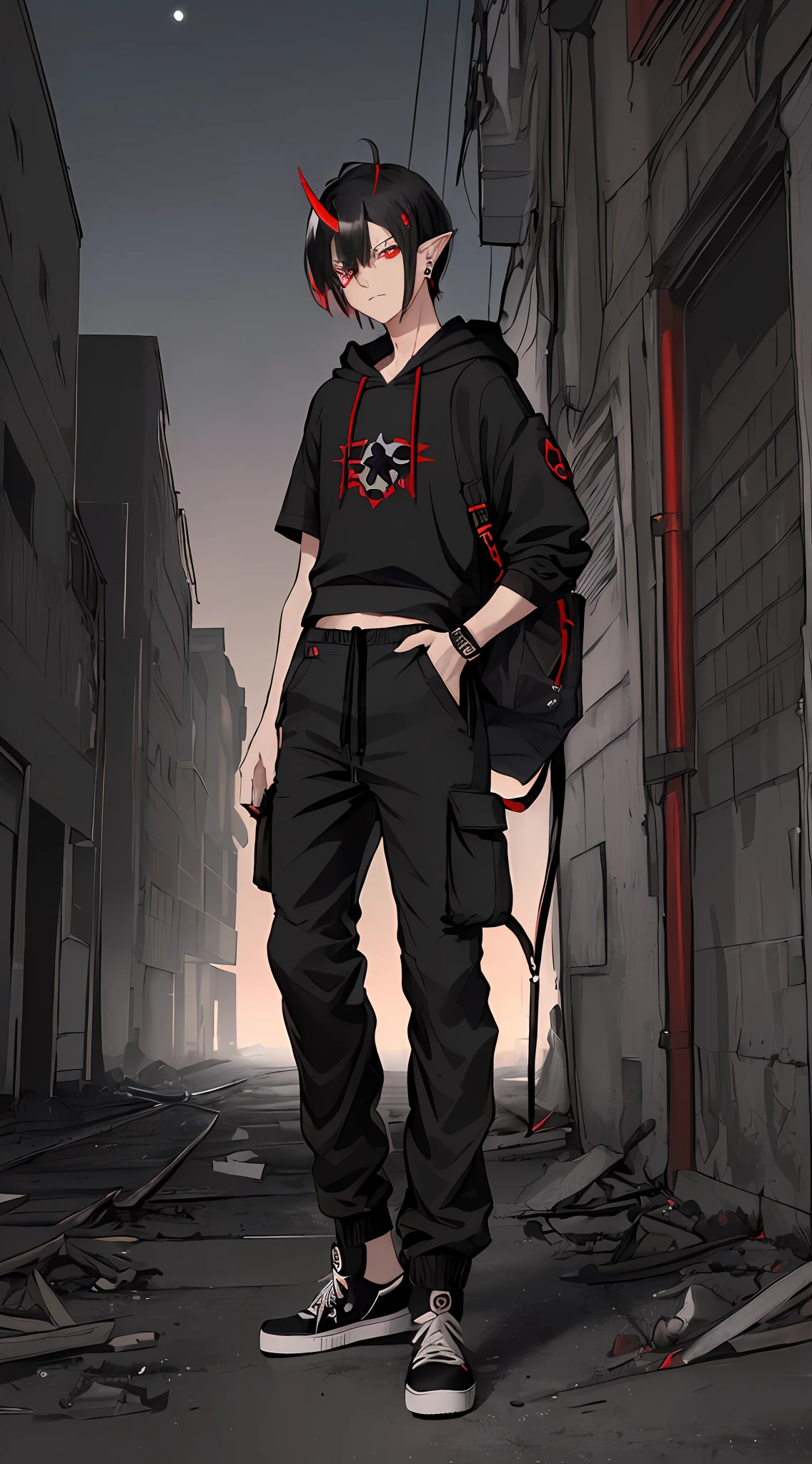 ((highest quality, masterpiece, 4k, finely detailed, gelbooru, pixiv)), finely detailed eyes and detailed face, warm lighting, ((solo)), 1boy, elf ears, (young boy), ((soft features)), emo, ((one demon horn fading from black to red on right side of head)), ((red eyes, sharp eyes)), skinny, ((black hair, messy straight bob hairstyle, short hair, longer middle strand), (looking at viewer, angry expression), ((black band logo hoodie, baggy cargo pants, black converse sneakers, earrings)), painted nails, dark atmosphere, moonlight, dynamic pose, ((intense colors)), abandoned building background