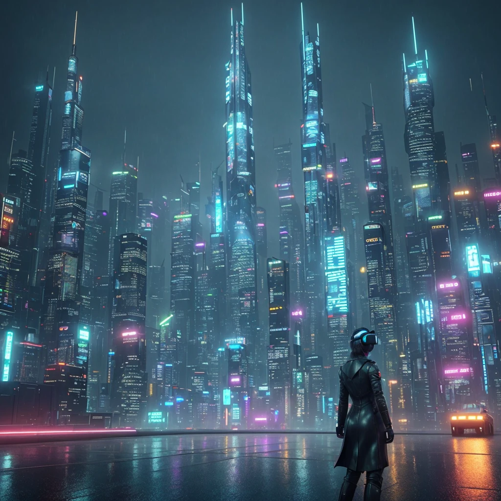 A City of the future, many skyscrapers, blade runner style, hyper-realistic, octane render, realistic, real, street, rain, woman android wearing VR headset, cinematic, 8k, very intricate, 80's, night