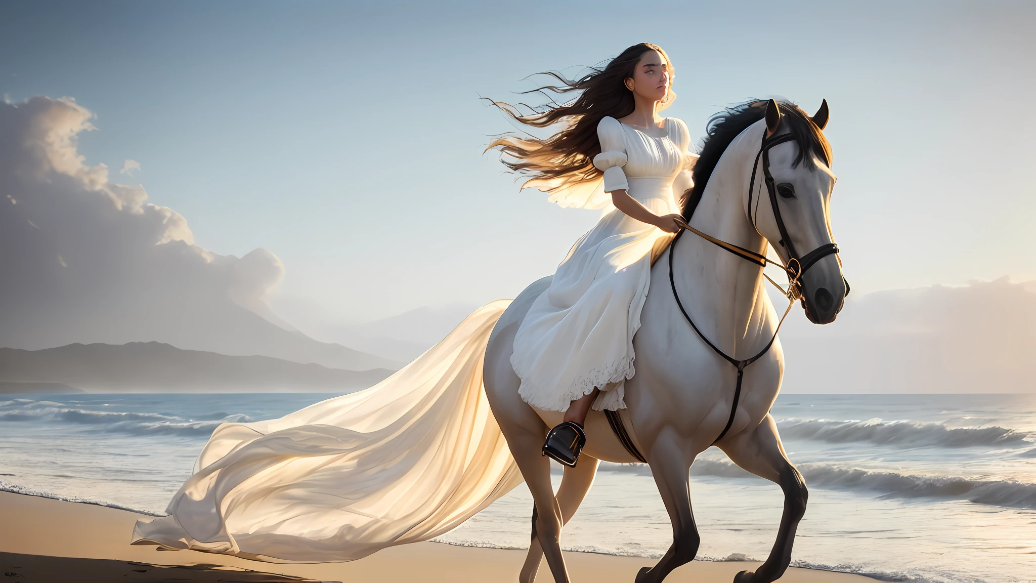 Epic movie poster, proffesional photo,
a beautiful woman , in a long white dress of silk, raiding a black horse, on beach,
professional digital art, professional lighting, dramatic lighting, high resolution, 8k, ultra high definition, HDRI, golden hour,
analog style, modelshoot style,
rcnz_hqr style