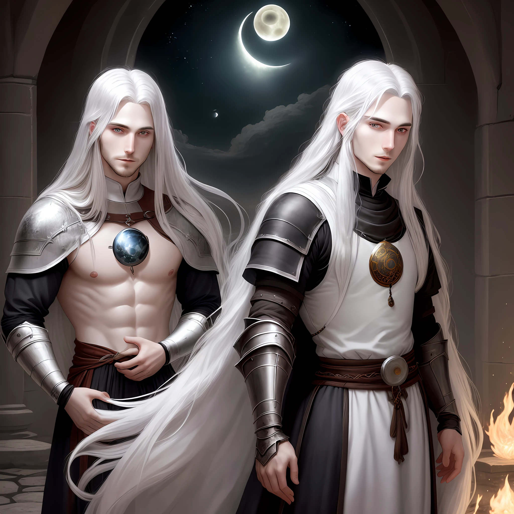 a 28-year-old man, long silver hair, eyes with lunar aspects, pale skin, medieval, dark souls