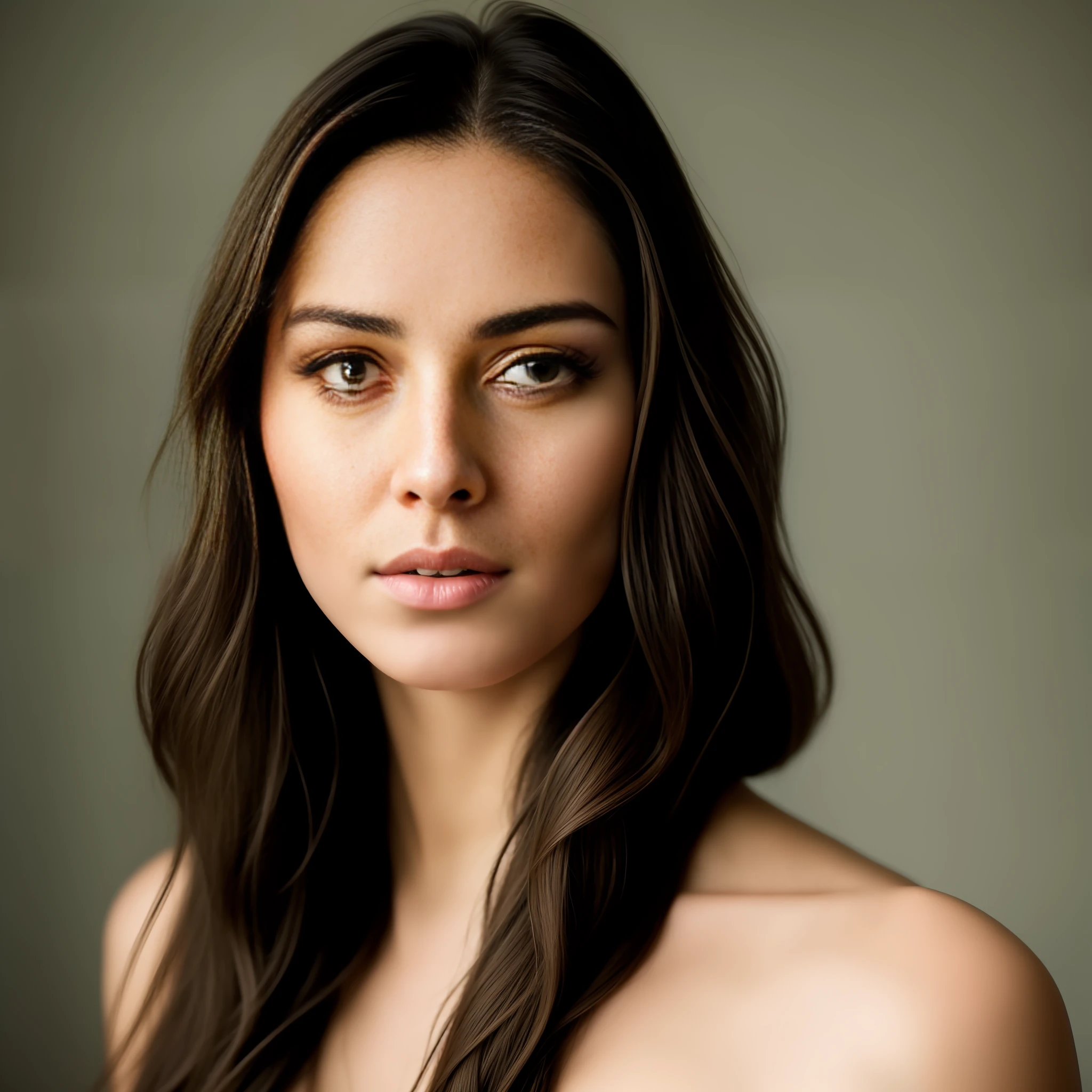 RAW, analog style, a breathtaking portrait of a young and beautiful woman with striking features. She should have long floating hair, a captivating look and a seductive expression and little smile . The background should be neutral and simple, allowing the woman to be the focal point of the image. Please pay close attention to details, such as highlights and shadows on his face and hair, to create a realistic and realistic image. Experiment with different lighting techniques to enhance the mood and atmosphere of the portrait. The final product should be a masterpiece that captures the essence and beauty of the woman ((highly detailed skin, skin details)), sharp focus, volumetric fog, 8k UHD, DSLR, high quality, film grain, Fujifilm XT3