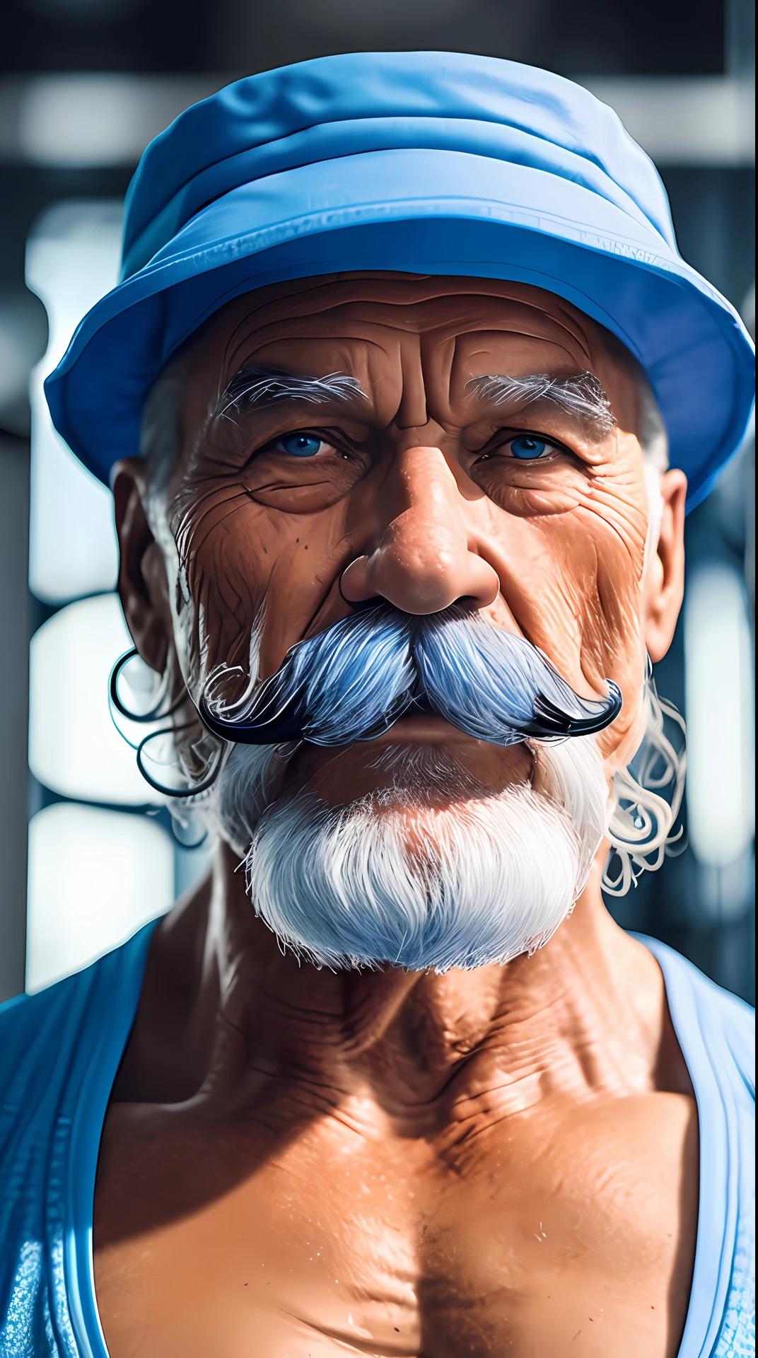 bodybuilder old man with a mustache , blue Bucket Hat, in the background a gym, photography,soft lighting, soft details, octane, artstation trending, ultra high detail, ultra realistic, cinematic,16k