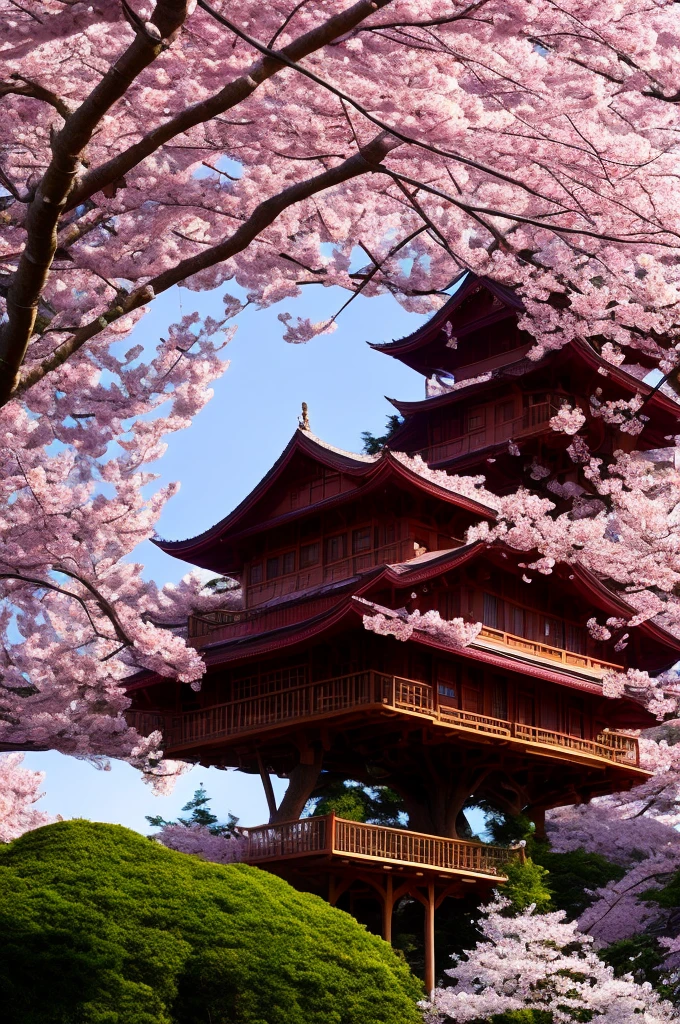 THE CHERRY BLOSSOM TREE HOUSE :: beautiful ornate treehouse in a gigantic pink cherry blossom tree :: on a high blue grey and brown cliff with light snow and pink cherry blossom trees :: Roger Deakins and Moebius and Alphonse Much and Guweiz :: Intricate details, very realistic, cinematic lighting, volumetric lighting, photographic, --ar 9:20 --no blur bokeh defocus dof --s 4000