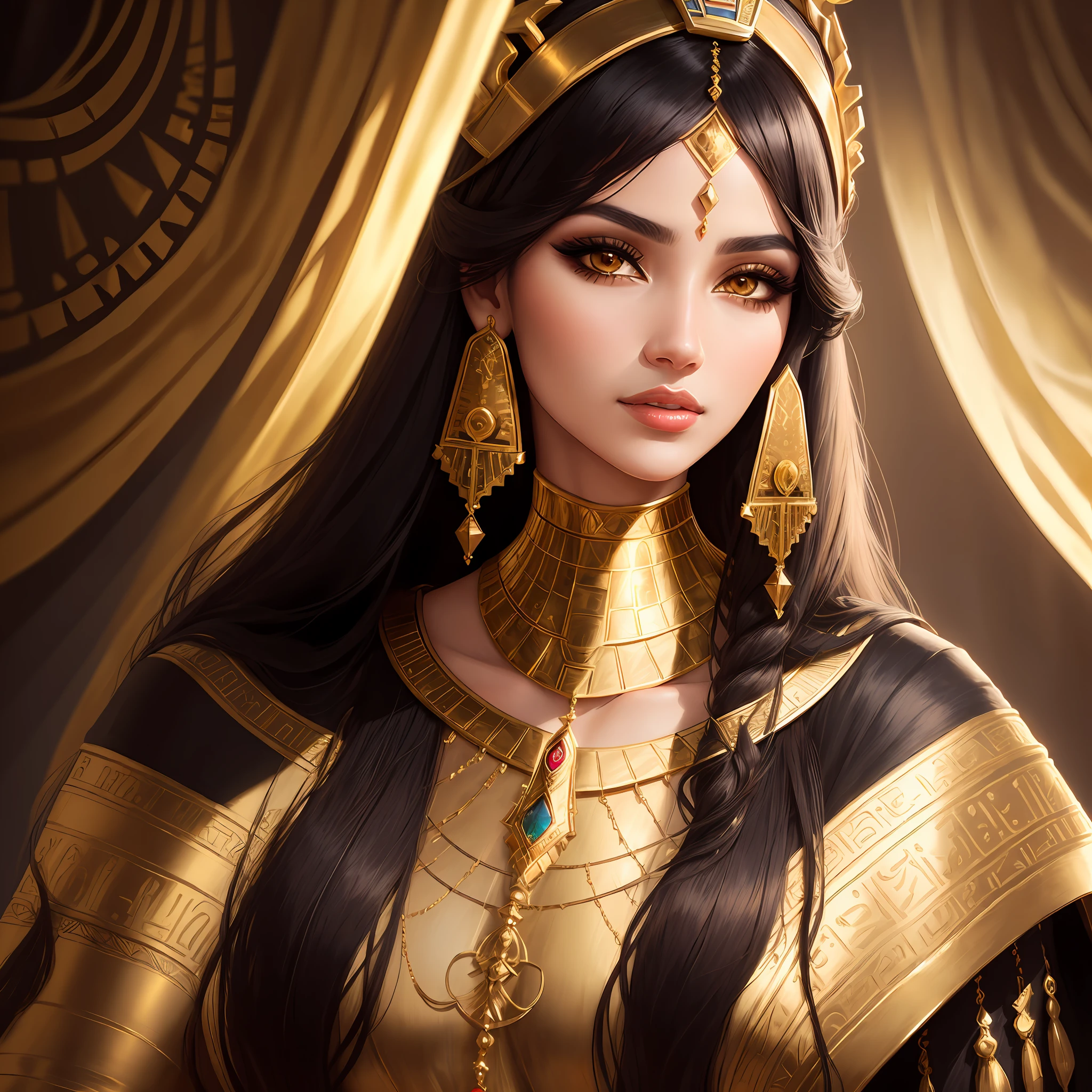 [(Egyptian lady),portrait,detailed and realistic,beautiful face, dark hair,(eye makeup:1.2),(golden jewelry:1.3),(sensual lips), (enigmatic expression), shadow and light contrast,neutral background:0.5, elegant and detailed clothing:last dynasty)]:0.7