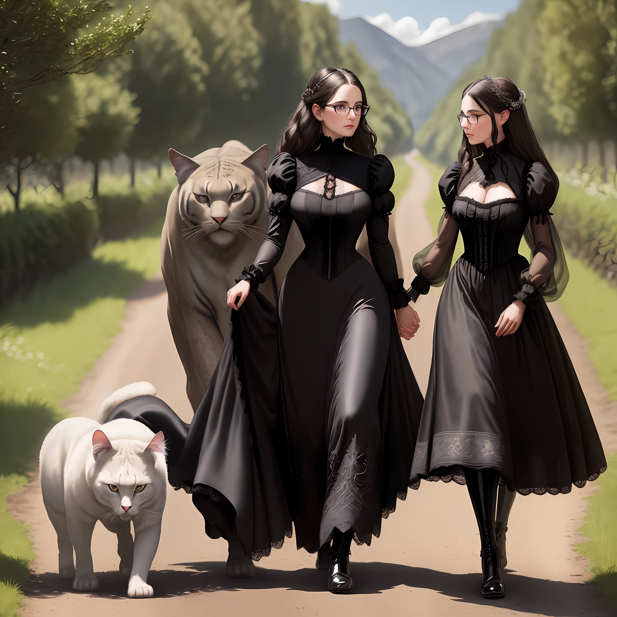 Victorian brunette girl, black dress with filigree, glasses, walking in the countryside, 4k, hyper realistic, photograph, no cleavage, translucent sleeves, next to a big cat, angora, angora cat walking,
