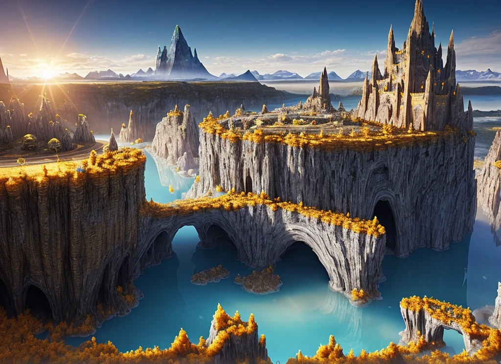 large amber castle, surreal cave landscape, amber city, earth landscape, planet of ores, underground crystals, earths, mine, rays of the sun in the distance, blue ice, mineral lake with interlocking rocks forming bridges to a golden tower in the center, earth kingdom, ultra-realistic, ultra-detailed, high fantasy