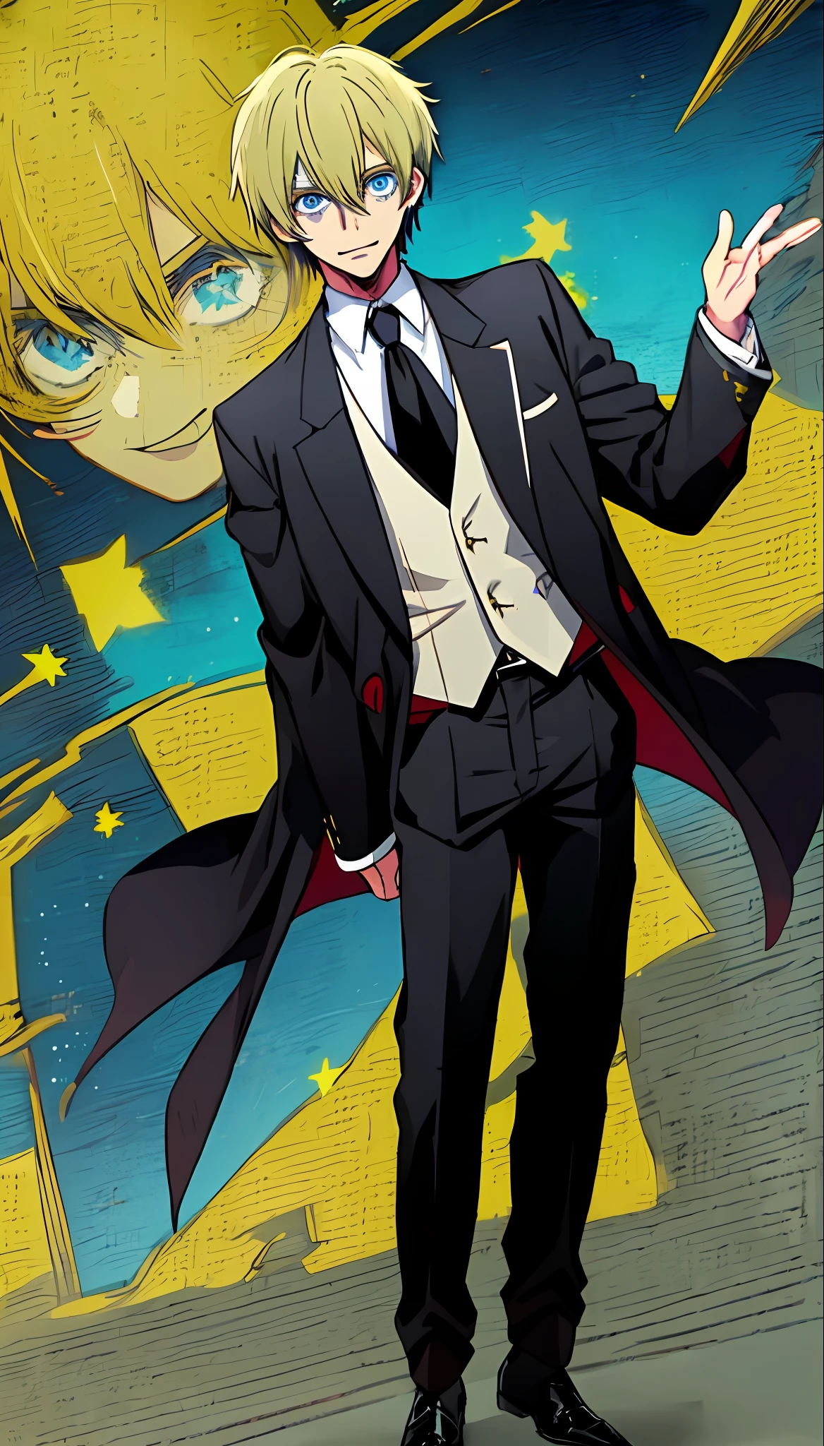 1boy, blonde hair, very short hair, hair covering eye, hair over eye, right star shaped pupil, star shaped eyes, blue eyes, boy high school school uniform, hair covering left eye, bob cut hairstyle, creepy smile, blue tie,black tuxedo, spiky hair, long boy pants, boy shoes, star eyes, boy black school uniform ,black pants, black long pants, boy hair, creepy face, spiky hair, standing straight, hand on hair, aqua hoshino