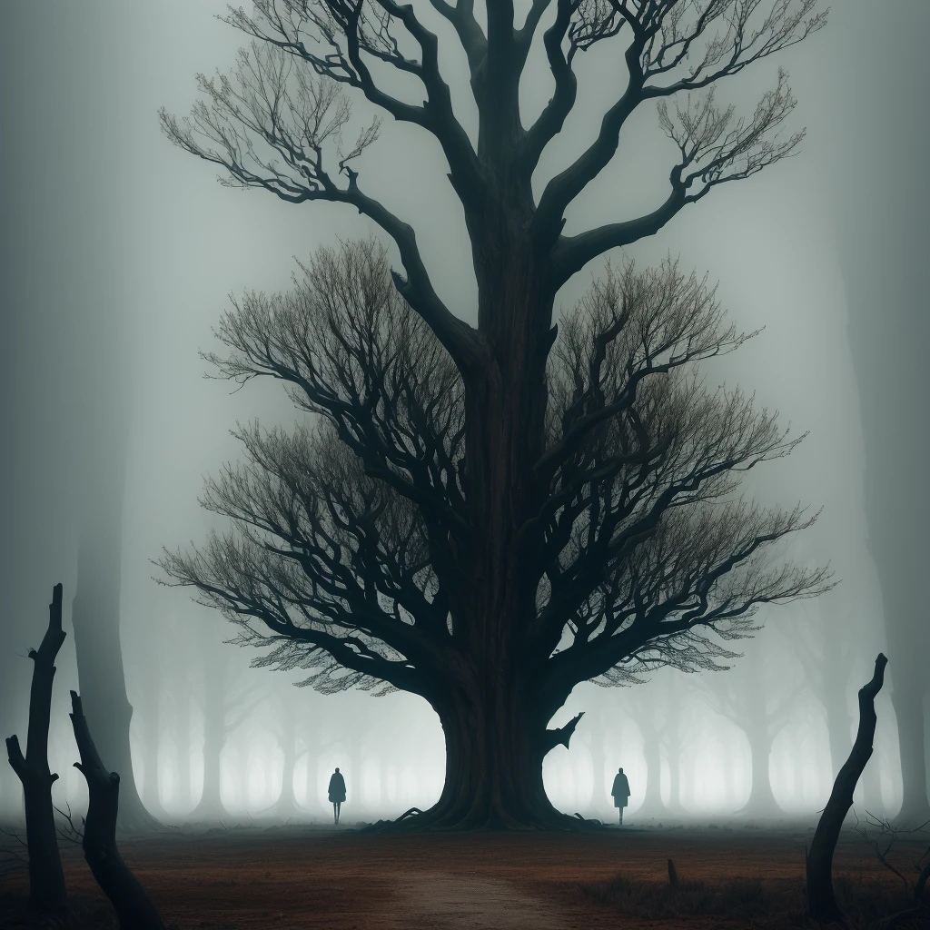 A solemn and dark scene, where the leaves of a large tree of death are falling in a slow and eerie manner, amidst an atmosphere of mystery and uncertainty. The scene is shrouded in mist and fog, with a sense of foreboding and terror looming in the air. (Tree of death), barren branches stretching out in all directions. A single figure, standing at the foot of the tree, staring up at the forbidding structure with a mix of fear and dread in their eyes.