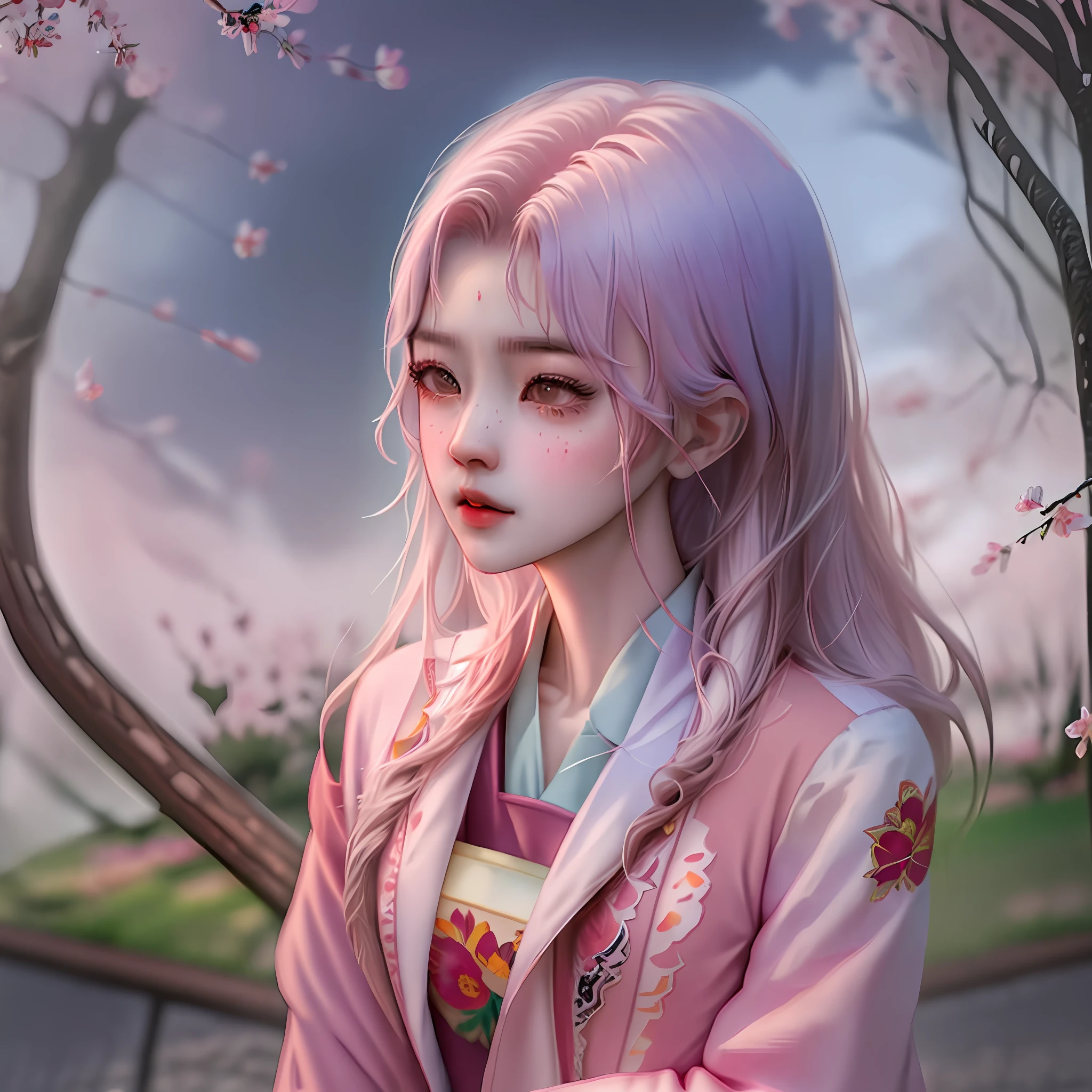 midshot of a stuningly beautiful asian girl with scholar uniform in running pose, garden with cherry trees, ultra detailed illustration by Loish and Chris Sanders, volumetric lights, soft tetrad colors, best quality, high definition, sharp focus